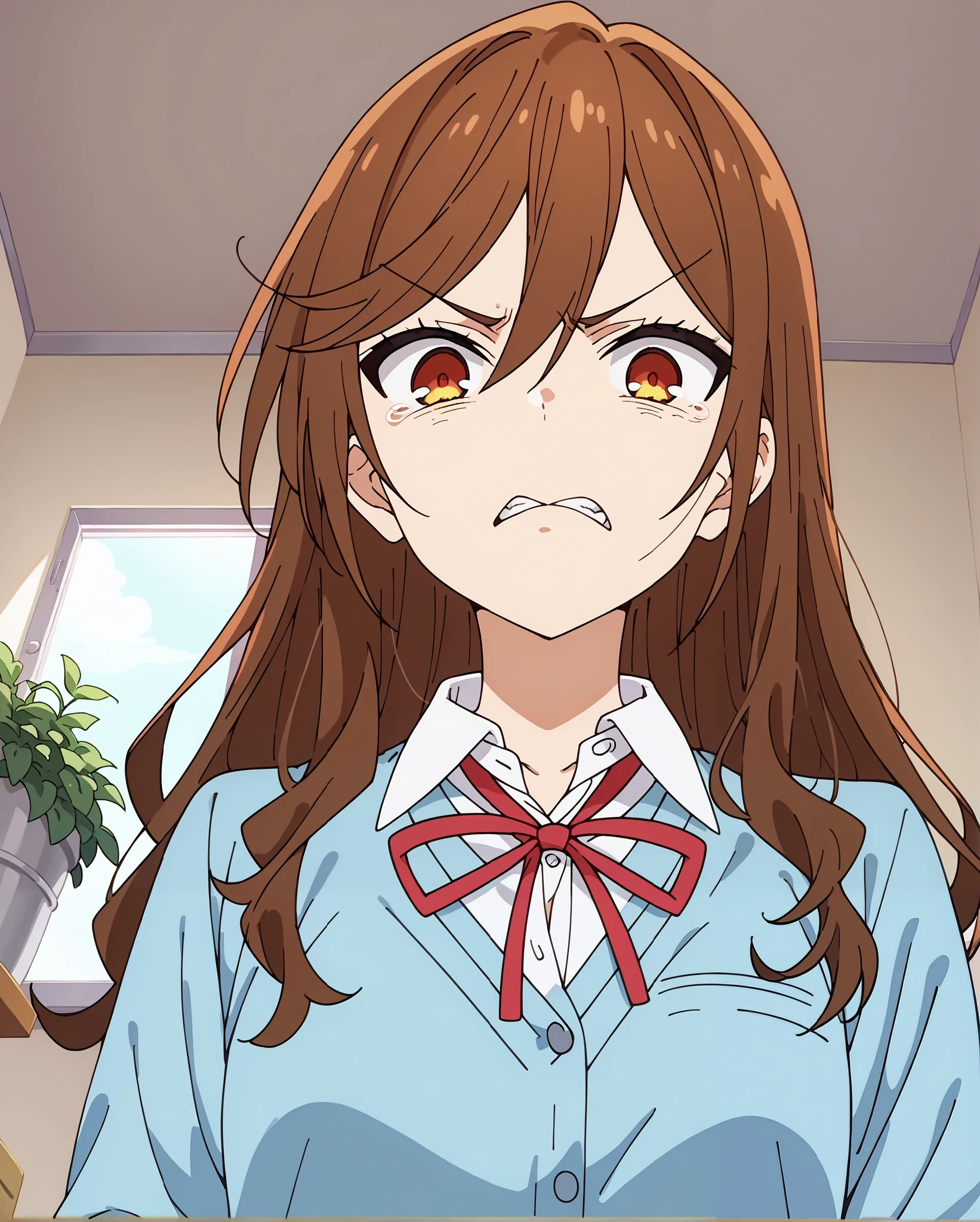 kyouko hori,anime screencap,1girl,solo,long hair,bangs, school uniform,hair between eyes,ashamed,pot,disappointed face,(pov from below:1.3),disillusioned,grimace of disgust,indoors,shirt,school uniform