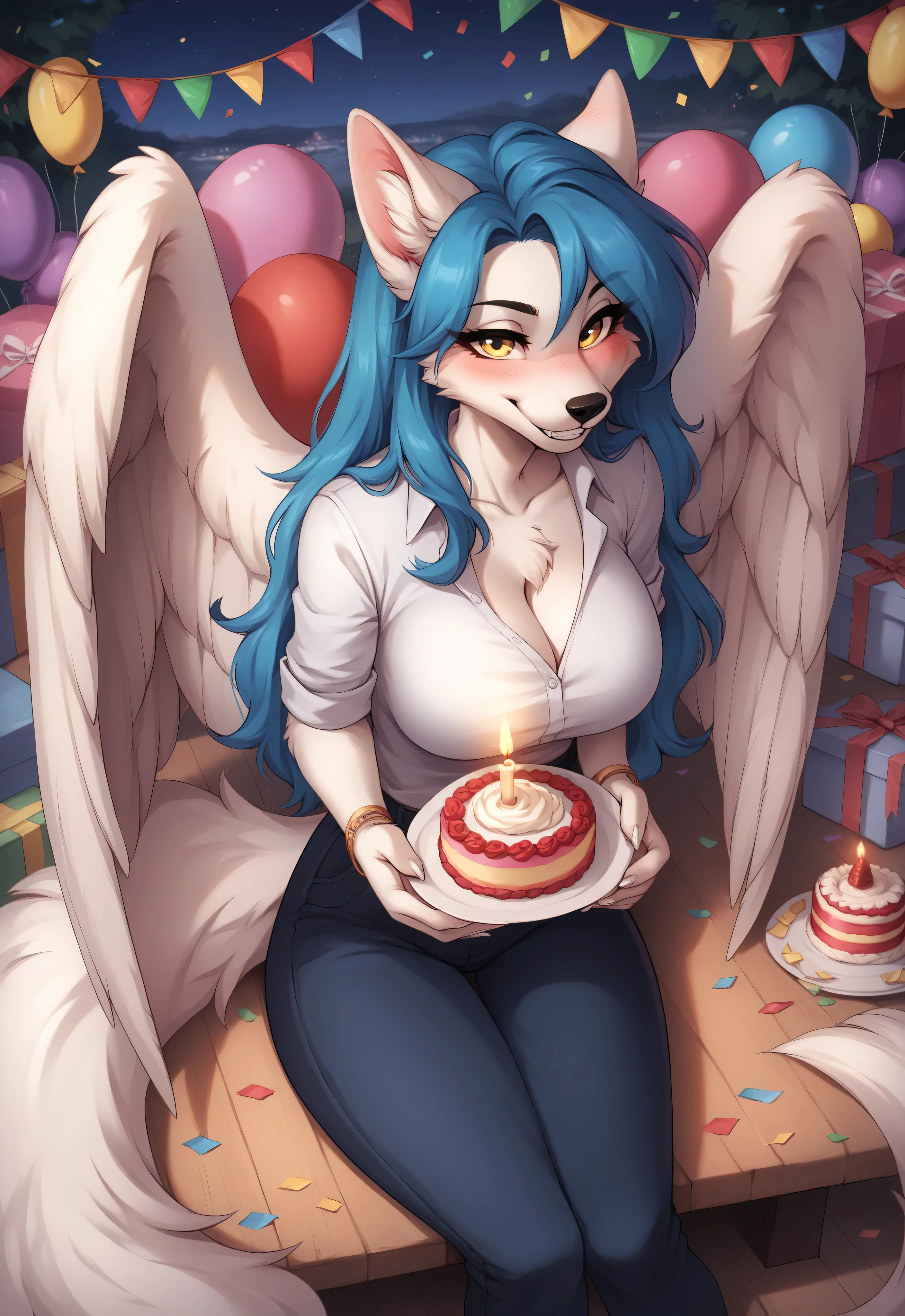 (4K HD Quality), score_9_up, score_8_up, score_6_up, anthro, solo, 1girl, female, furry, white fox, (white body), (white fur), blue hair, long thick hair, yellow eyes, medium large breasts, white claw,
white wings, fur wings, white tail,
blush, perfect teeth smile, looking at view,
night, birthday cake, candle, shirt, long pants, sitting, birthday present, balloon, confetti ball, view from above,