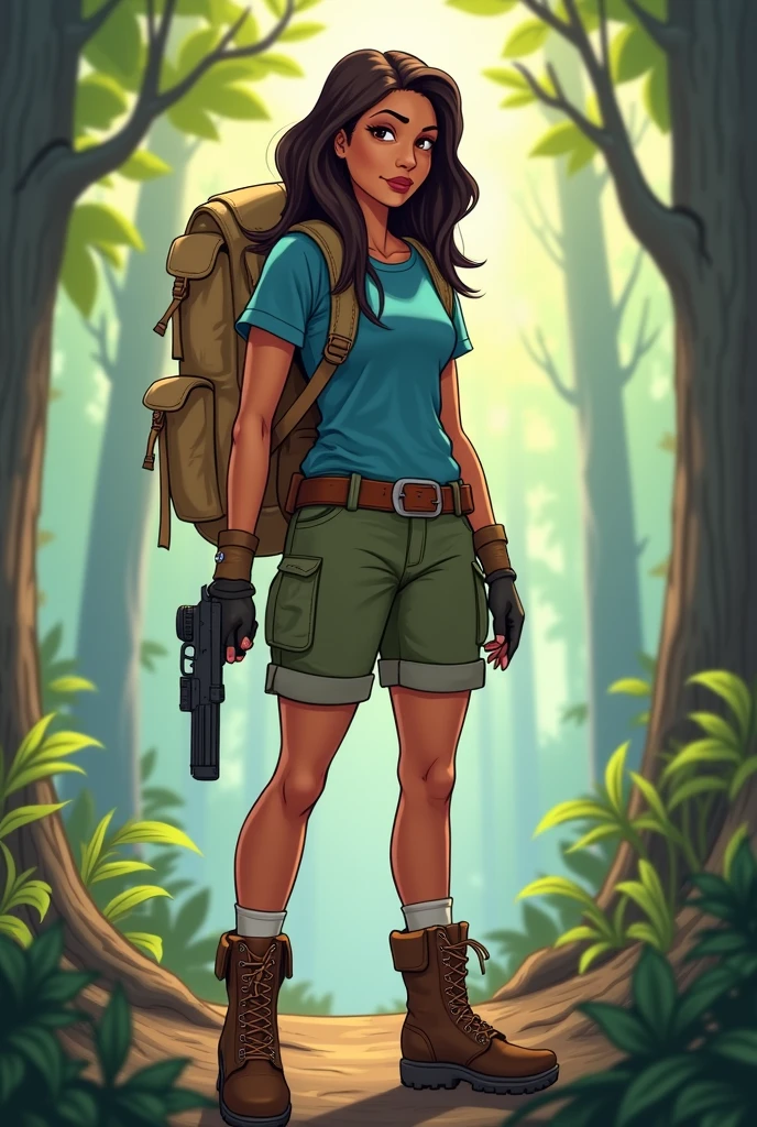 Cartoon of a brown woman, with dark brown hair, up to the shoulders, wearing a beige backpack, A blue t-shirt, bermuda, Musco green, with a pistol strap around her waist, the athletic woman wears gloves on her hand, and holding a 9mm pistol, she looks like an adventurer, fleshy lips, thin nose ,  dark brown eyes , with athletic size, she is wearing a boot, in a wild setting, in the middle of the forest 