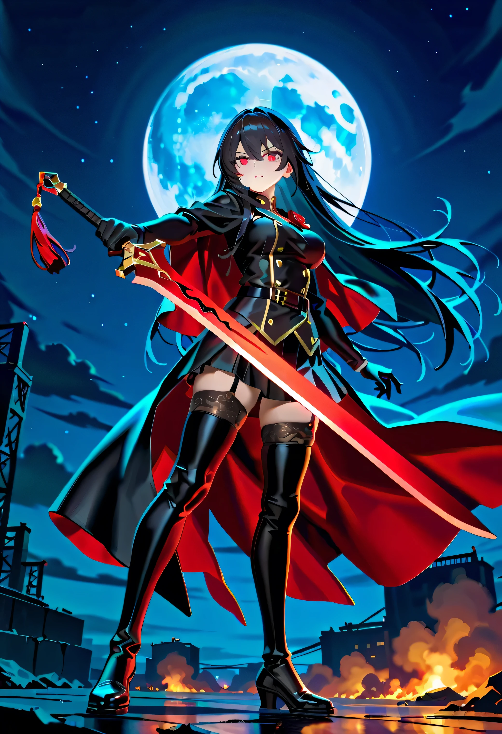 Create a dark-haired main character with red eyes, wielding two swords and emitting a mysterious aura
