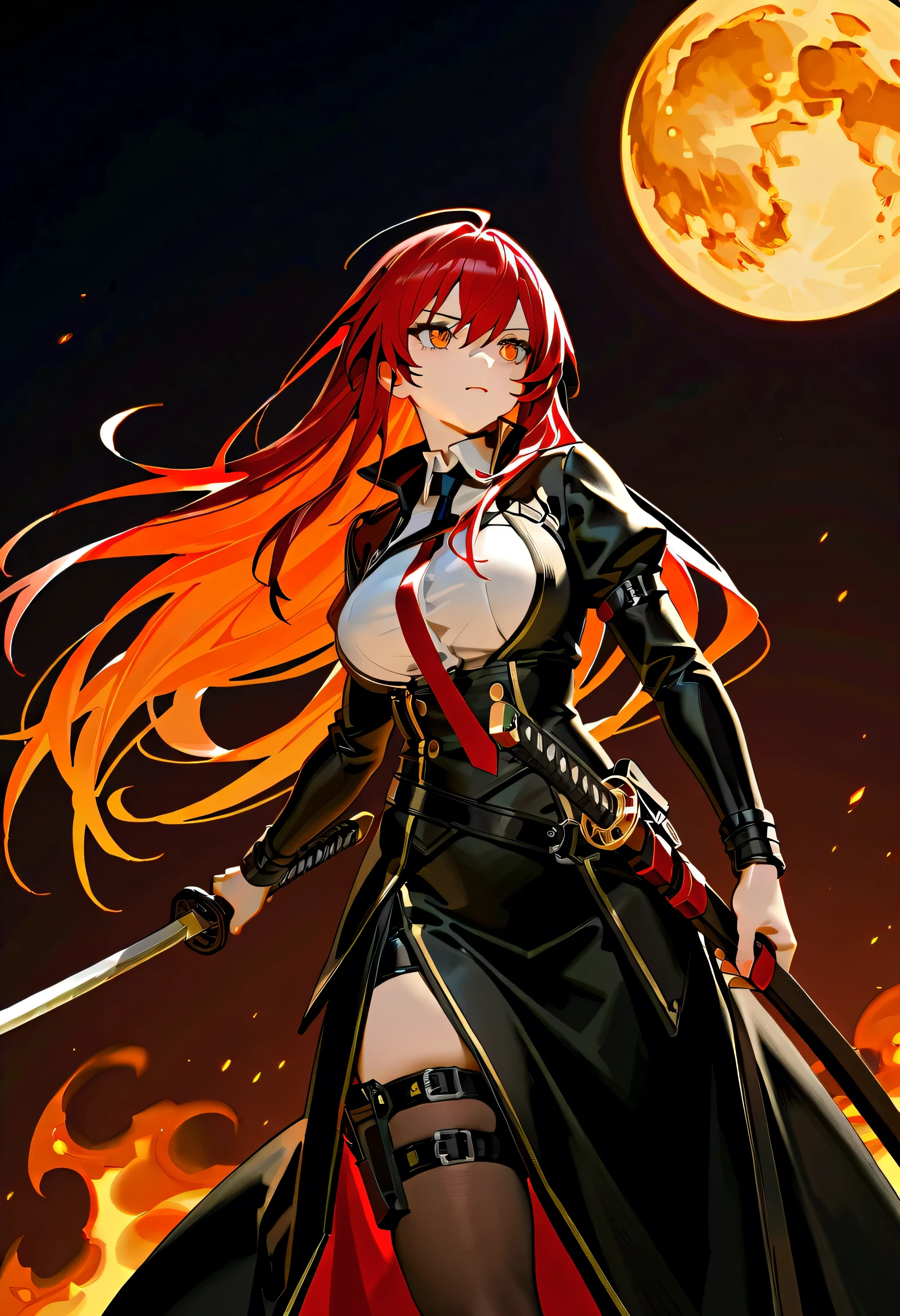 anime, anime girl, red hair, black hat, sword, red dress, red hair, black hat, red dress, red dress, red hair, red, anime art wallpaper 8 k, from arknights, anime art wallpaper 4k, anime art wallpaper 4 k, best anime 4k konachan wallpaper, gothic maiden anime girl, rias gremory,  very dedetailed, fuul body, fuul accessories, cool pose, shining, particles red and white, yellow flash, Ia ada dalam sebuah taman yang penuh dengan bunga mawar dan kepingan bunga mawar yang berjatuhan