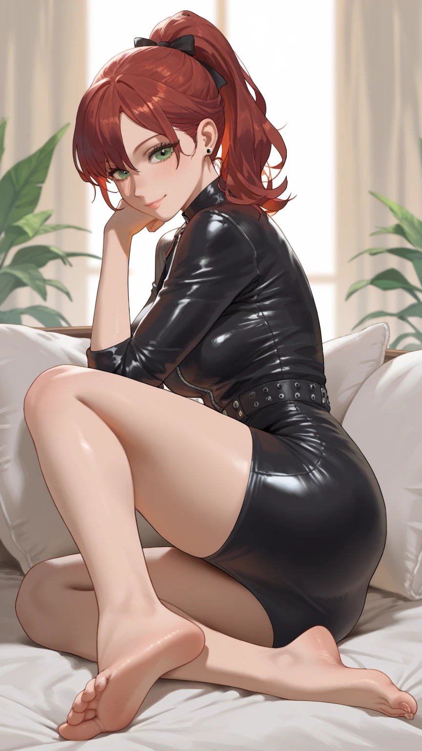 (best quality:1.5, highres, UHD, 4K, detailed lighting, shaders), back draids lock haired, gradient hair, large breasts,red suit, white T-shirt, white short skirt, mature woman , (pov), black background, colorful eyeshadow, dramatic lighting, sparkling eyes, sensual expression, golden earrings, delicate facial features, soft skin, high cheekbones, urban setting, black background, dont look for the camera, sitting on a chair upside down, behind the camera