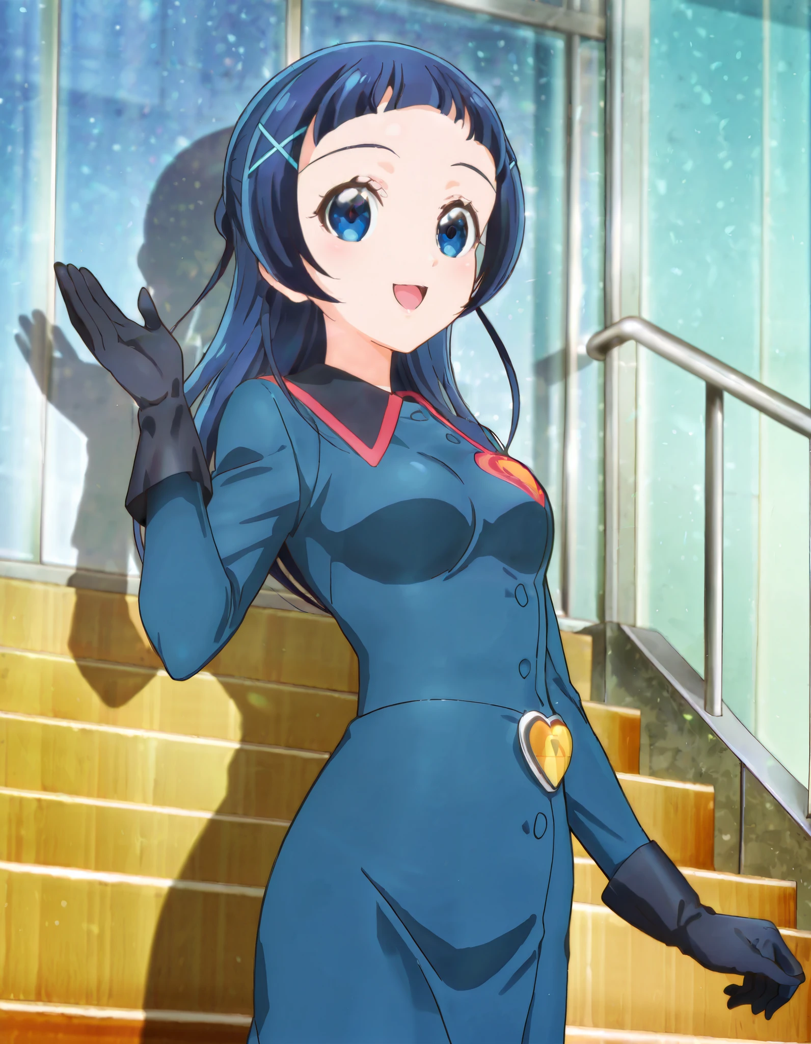 absurd, (absurd_resolution), masterpiece, best quality, (best illustration), (best shadow), ultra-High resolution, score_9, score_8_up, score_7_up, BREAK source_anime, 1girl, solo, shiny skin, perfect eyes, anime style, beautiful detailed eyes, anime_coloring, anime_screencap, aokazenana, x hair ornament, smile, hairclip, (blue hair), skirt, medium breasts, blue suit, black gloves, red cobra logo, logo on left chest, hand up, smile, open mouth, stairs, looking forward, from below,
