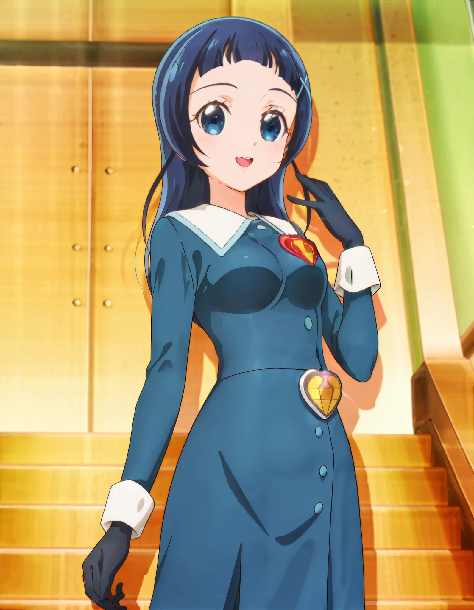 absurd, (absurd_resolution), masterpiece, best quality, (best illustration), (best shadow), ultra-High resolution, score_9, score_8_up, score_7_up, BREAK source_anime, 1girl, solo, shiny skin, perfect eyes, anime style, beautiful detailed eyes, anime_coloring, anime_screencap, aokazenana, x hair ornament, smile, hairclip, (blue hair), skirt, medium breasts, blue suit, black gloves, red cobra logo, logo on left chest, hand up, smile, open mouth, stairs, looking forward, from below,