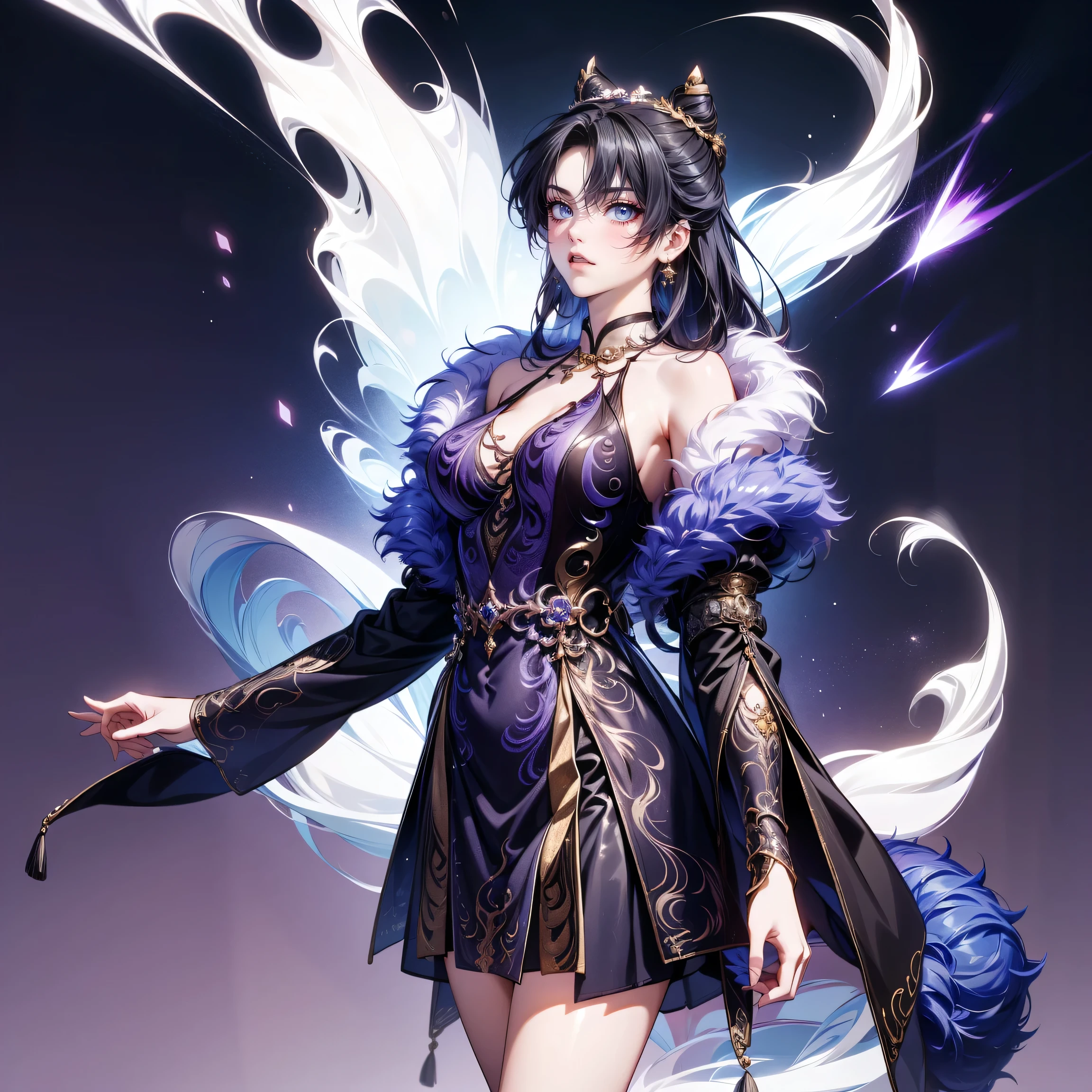 Masterpiece , best quality, 1 Xiao Wu , Face Color Looks Cool , Strong, Golden Left Eye , Red Right Eye , Long hair, Black hair, Firm Eyes , Simple Uniform , Black Long Earrings , Chinese Morden Hybrid , Front Photo , simple background, purple Background , Anime, illustration, Full body , bun hair , black fluffy animal coat on shoulders , head shot , big breasts body , purple eyes , short girl , detail dress , full background, cute