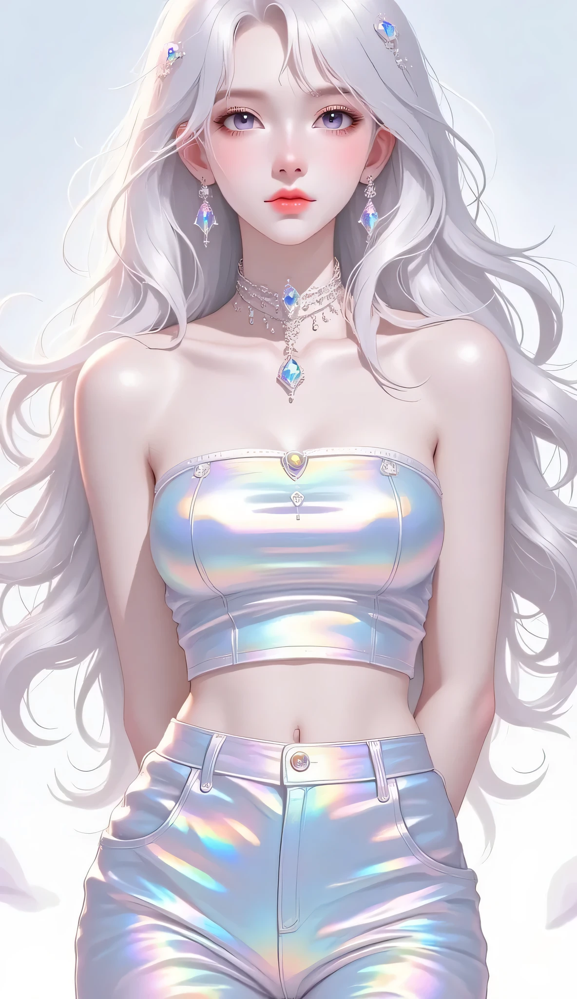 Goth girl . Very kawaii , round face . Slim , huge breasts , shiny skin . Rainbow metallic tube top. shorts . arms behind back . No background , White background , looking at the viewer, colorful, vivid colors, neon colors,