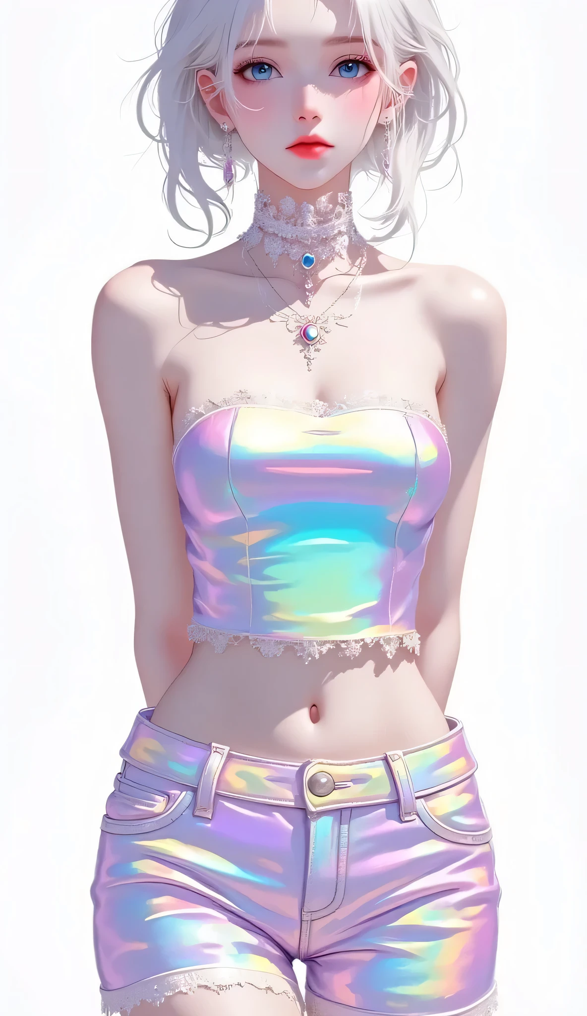 Goth girl . Very kawaii , round face . Slim , huge breasts , shiny skin . Rainbow metallic tube top. shorts . arms behind back . No background , White background , looking at the viewer, colorful, vivid colors, neon colors,