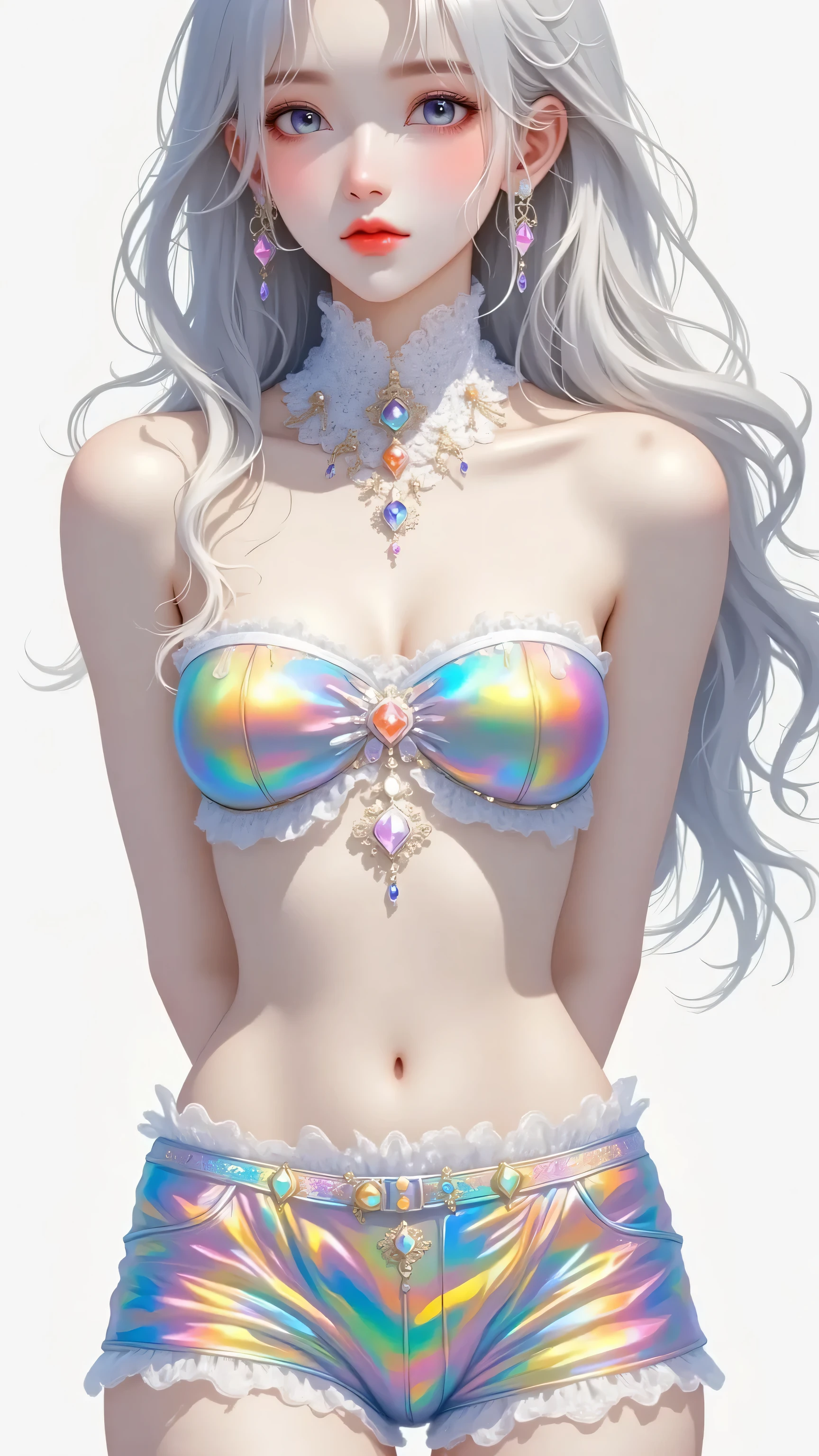 Goth girl . Very kawaii , round face . Slim , huge breasts , shiny skin . Rainbow metallic tube top. shorts . arms behind back . No background , White background , looking at the viewer, colorful, vivid colors, neon colors,