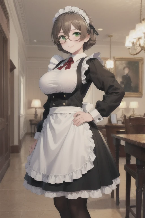 score_9, score_8_up, score_7_up, source_anime, 1girl, dark brown hair, brown eyes, bobcut, hair pin, cat ears, small breasts, eyeglasses, micro bikini maid, headdress, blouse, skirt, apron, areola, cool face, light smile, private room, mansion,