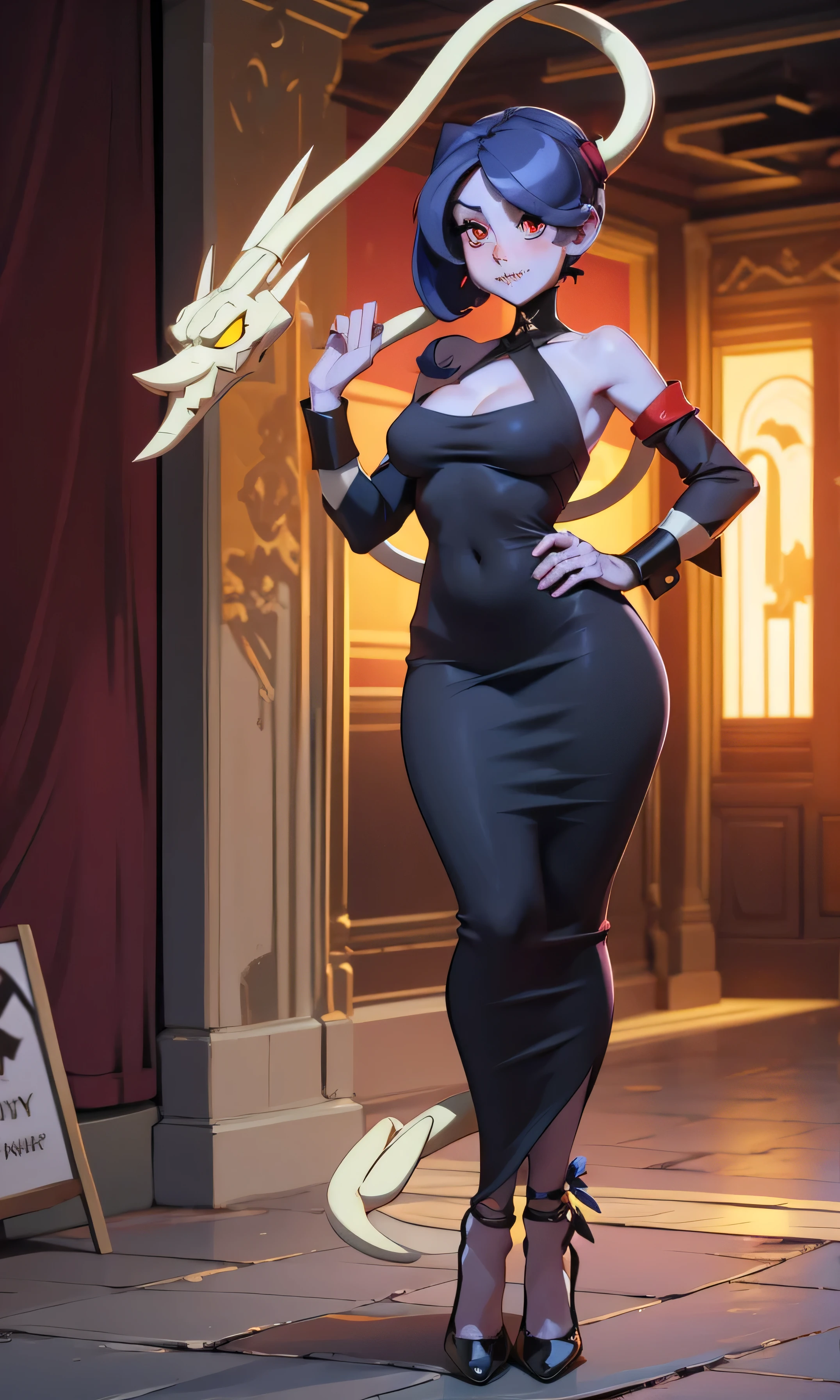 masterpiece, great detail, a beautiful girl , squigly, skullgirls, Blue Hair, red eyes, A snake in the head, Bangs, blush, Sewing on the mouth, smile, full body, thin and tall, medium breasts, hips, sky blue skin, long dress, black dress, long skirt, black shoes, pose sexy, manos en las hips, Textured skin,