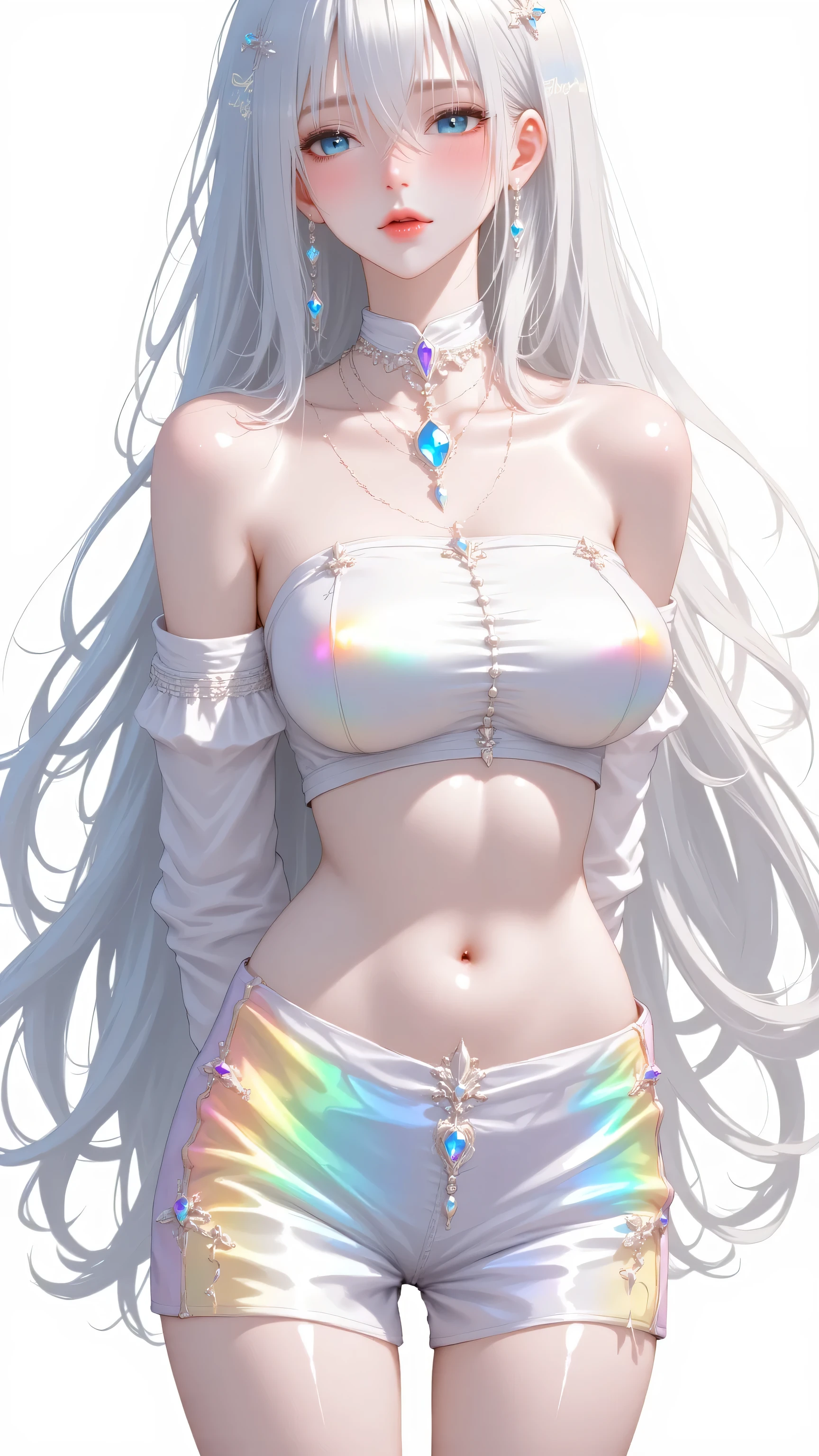 Goth girl . Very kawaii , round face . Slim , huge breasts , shiny skin . Rainbow metallic tube top. shorts . arms behind back . No background , White background , looking at the viewer, colorful, vivid colors, neon colors,