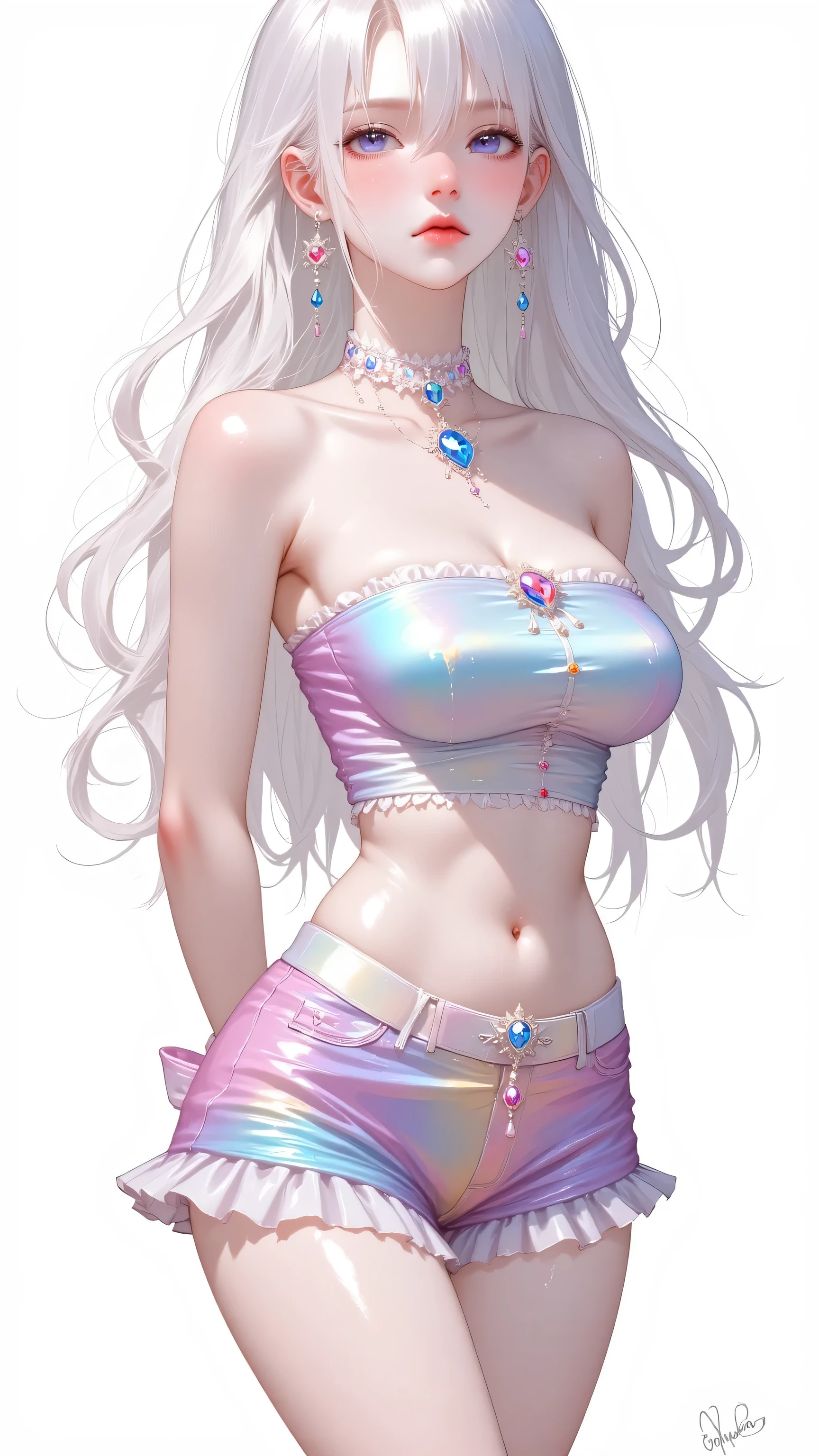 Goth girl . Very kawaii , round face . Slim , huge breasts , shiny skin . Rainbow metallic tube top. shorts . arms behind back . No background , White background , looking at the viewer, colorful, vivid colors, neon colors, 