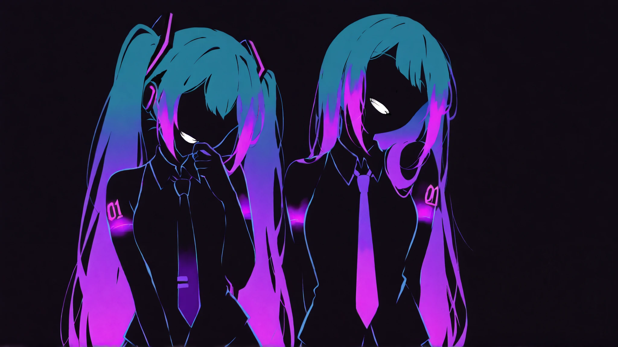 masterpiece, best quality, miku, aqua hair, purple hair, faceless, streaks, cowboy shot, dark background, modern neon hair streaks, purple necktie, black shirt, glowing necktie, shoulder mark, flat color, limited palette, no lineart, skirt, evil, gesugao, grin, head tilt, hand to own mouth