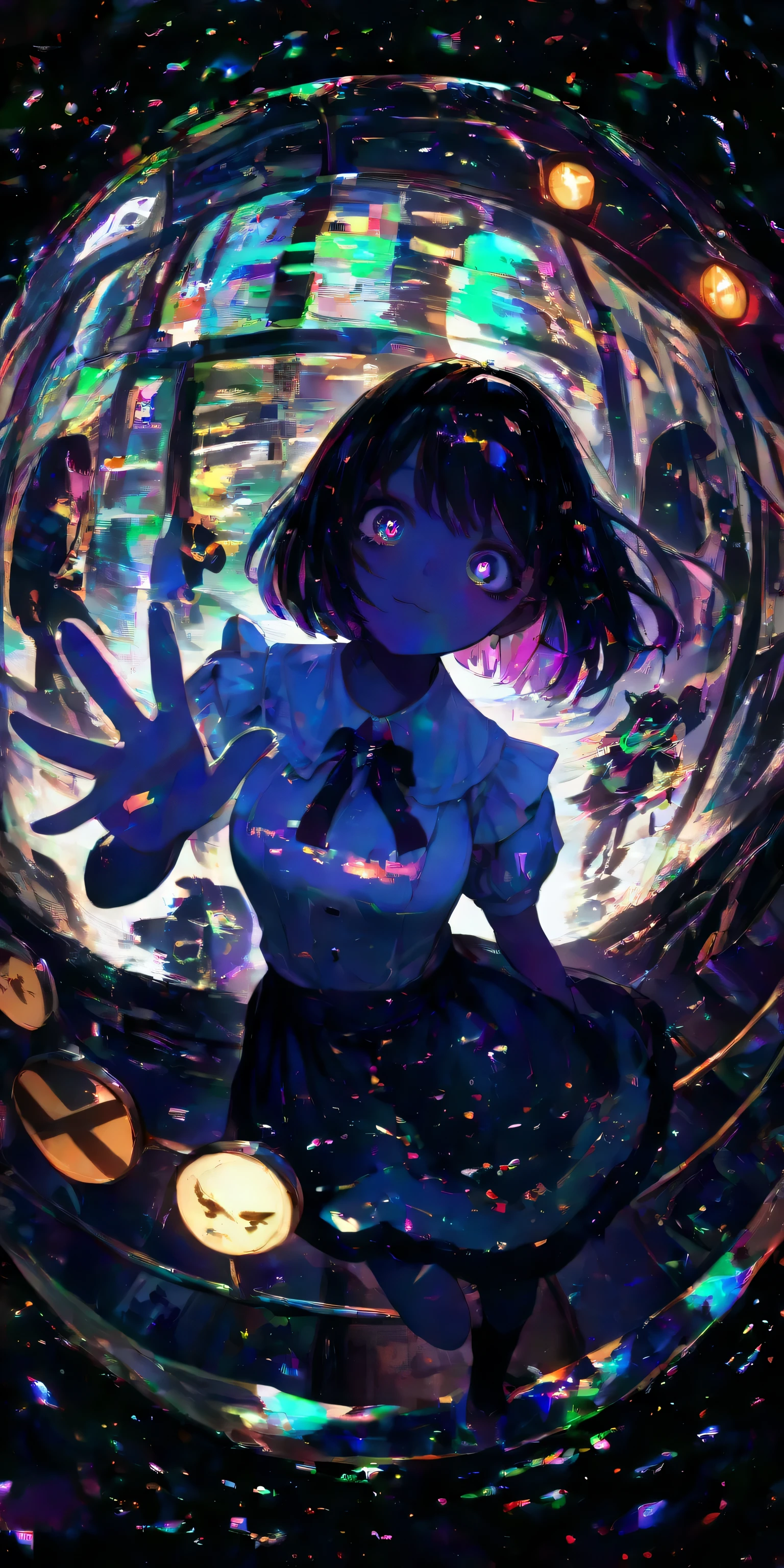 1girl,street lights, neon-color black light, tilt dutch angle,,fisheye-lens, (glitchy noise), waving hand big bye-bye,(multicolor glitch,glitch,neon), overly detailed pupils,glowing,chromatic aberration,railroad crossing,distorted, glitchy noisy train,dynamic angle,alice in wonderland