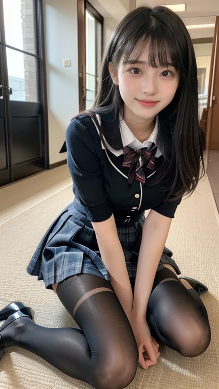 alone、high school girl、Natural body shape、White skin、Natural Makeup、Black Hair、bangs、Long Hair、((High School Uniform))(((Navy Blue Cardigan、White collar blouse、red school ribbon、Checkered Pleated Skirt、mini skirt)))、((Big Breasts))、((love hotel bed))、(Looking at the camera facing the front)、Full body photo、Exposing your thighs、White socks、Black Loafers、((Lift up the skirt))、(Small size pure white panties)、Focus on the groin、Sit with your legs apart