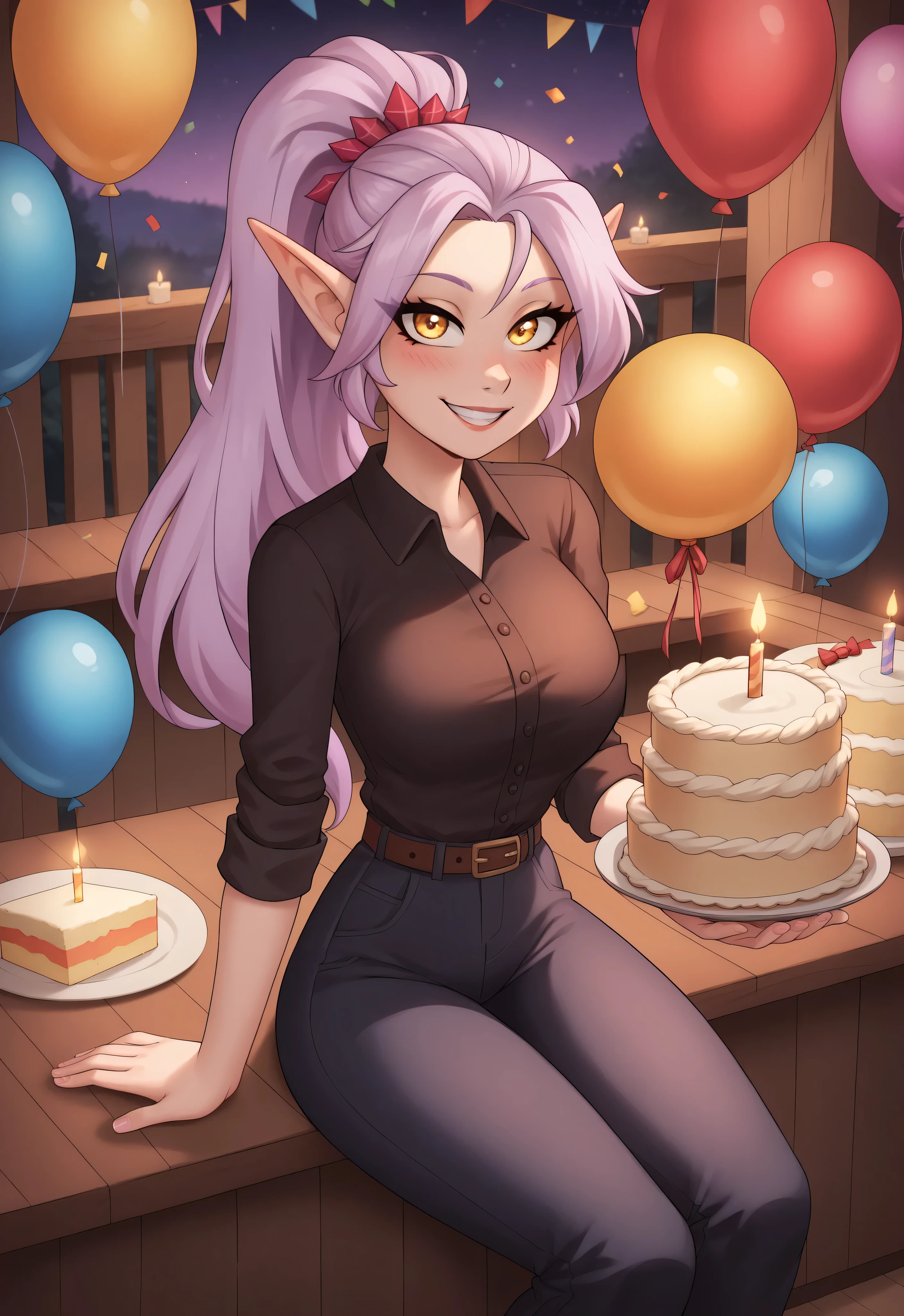 (4K HD Quality), score_9_up, score_8_up, score_6_up, anthro, solo, 1girl, female, elf, lavender hair, long hair, golden eyes, medium large breasts,
(Amity_Blight_Season_3_Version), (ponytail_hair_style),
blush, perfect teeth smile, looking at view,
night, birthday cake, birthday candle, shirt, long pants, sitting, birthday present, balloon, confetti ball, view from above,
