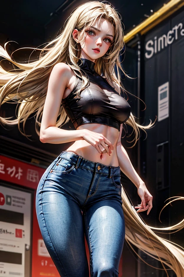 best quality, highres, 8k, masterpiece, immersive atmosphere, chiaroscuro:(1.5, bright light:1.2, luminous lighting), blurring, (background blur:1.5),
(dynamic angle), outdoors, downtown, (legs focus, full body:1.5), delicate features, (beautiful face, beautiful eyes, beautiful legs), not safe for work, (opaque:1.5), high contrast, (peeing self:1.7), wetting herself, (pee stain:1.5), peeing herself, (urination:1.5),
1girl, (solo), 20 years old, white skin, blue eyes, blonde hair, straight hair, very long hair, forehead, bright lips, blush, scared, panicking, open mouth, looking at viewer, (slender figure:1.1), (white croptop:1.2), sleeveless, cleavage, large breast, (hard nipples), navel, (hands between legs:1.4), (blue jeans:1.4, flares pants:1.2), (black heels:1.2), (knees together feet apart:1.4)