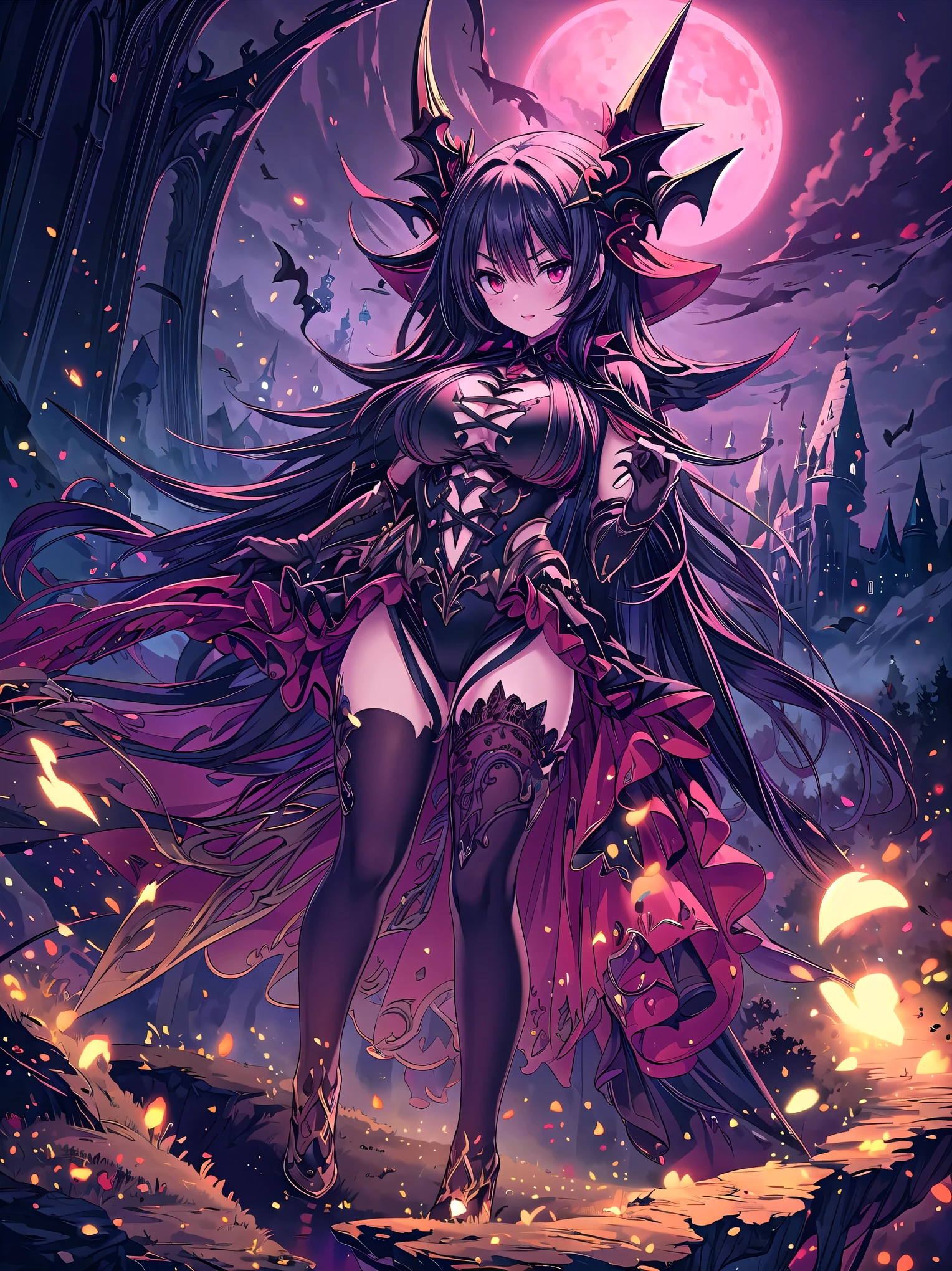 (((masterpiece, best quality, high detailed, 16k))), Vampire girl, female goddess, red eyes, red lips, bloody, big breasts, black bikini dress, red and black cloak, skinny waist, cleavage, thighs, thigh highs, glaring, magnificent, epic, majestic, magical, fantasy art, cover art, red moon, vampire castle background. (detailed face), (detailed eyes), ((full body front view)), (extremely detailed:1.5)