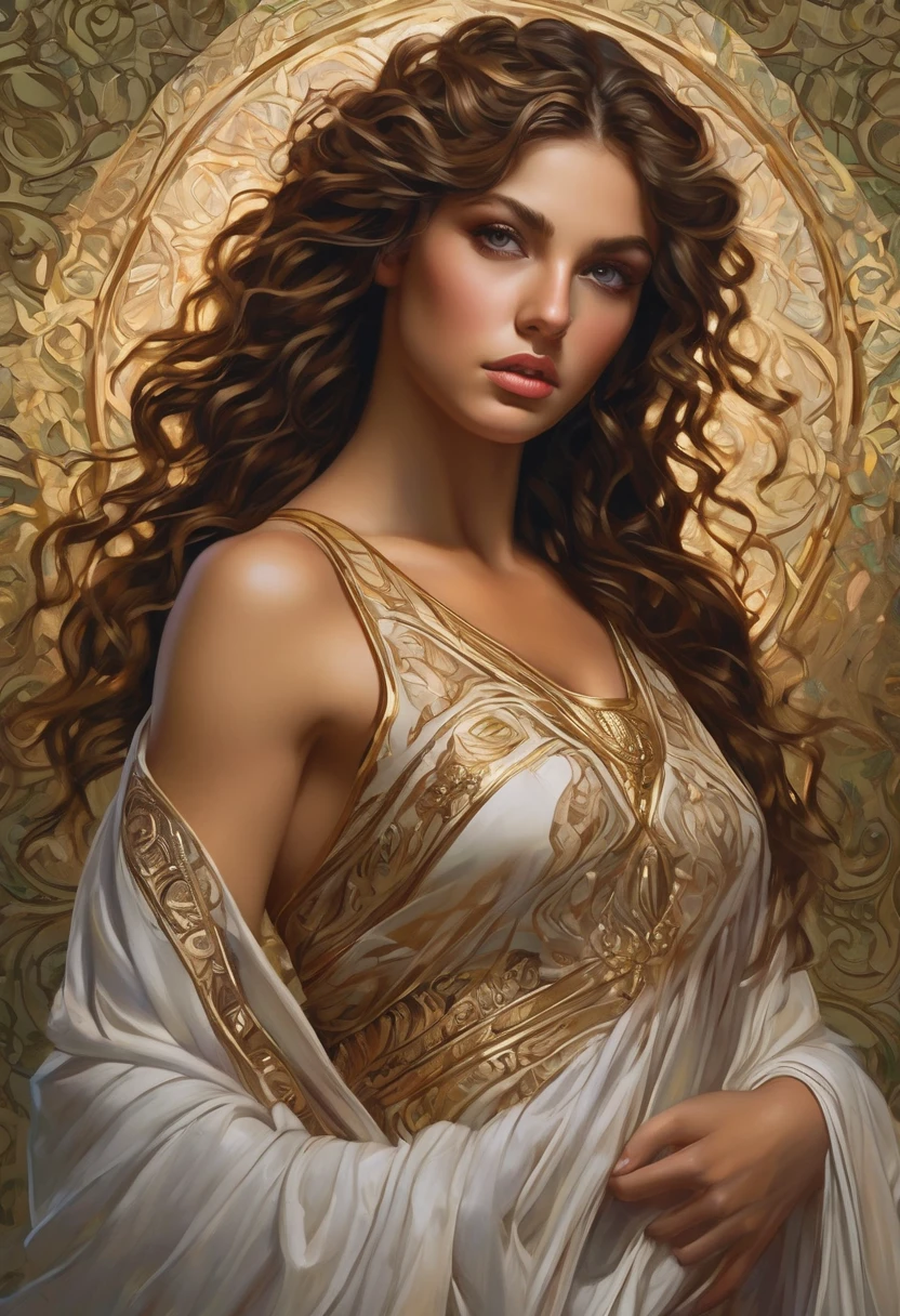 detailed oil painting of a naked goddess of fortune in a medieval fantasy world, intricate details, beautiful face, long flowing hair, delicate skin, elegant pose, fantasy architecture, glowing light, warm colors, cinematic lighting, dramatic shadows, highly detailed, masterpiece, 8k, photorealistic, hyper detailed