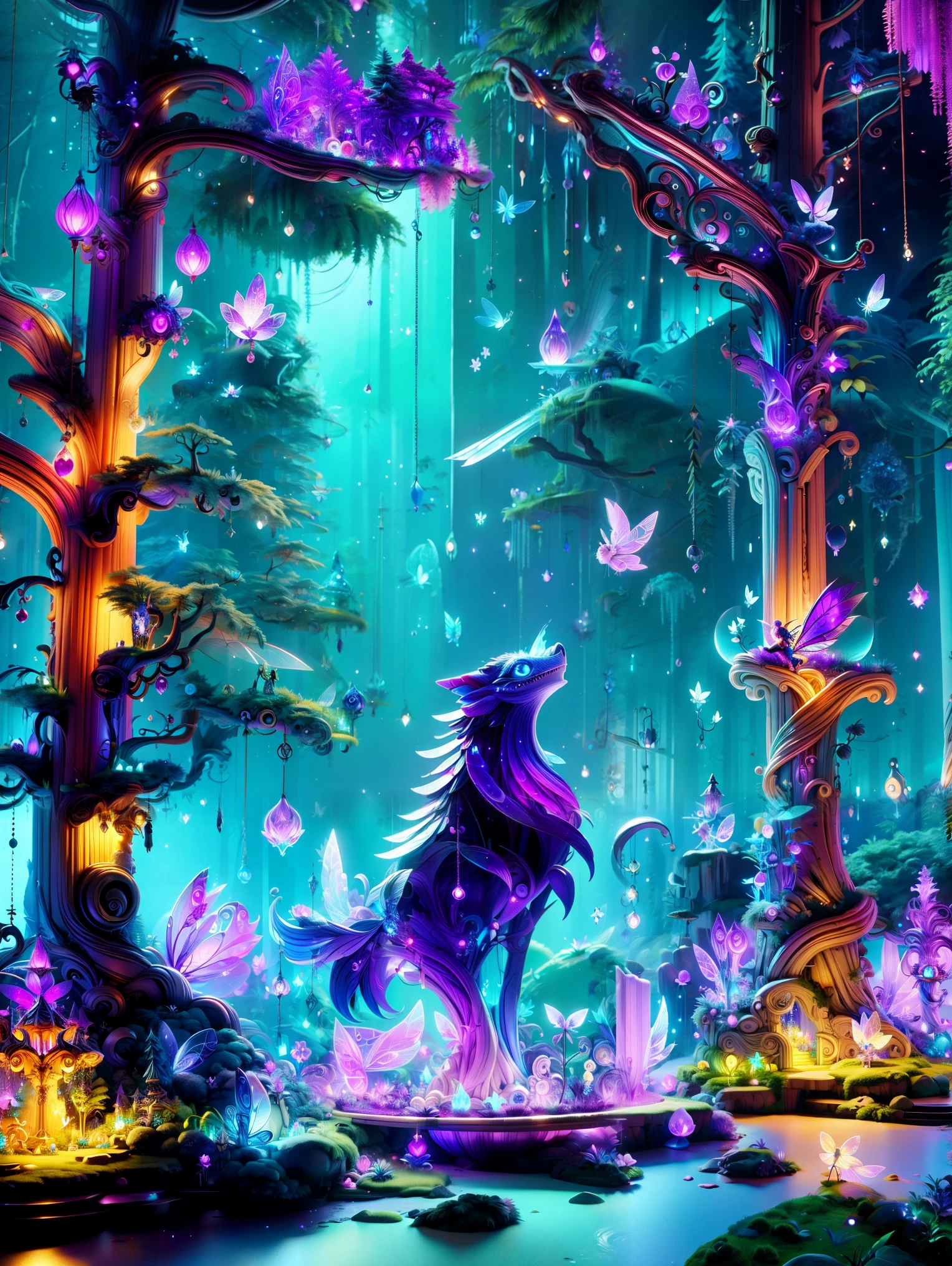  best quality，8k，HD， masterpiece，extremely detailed，lifelike，Blitz， enchanted forest ， magical atmosphere ，amazing landscape，color，(Glowing fairy:1.5)， Lizard，charming witches，Swing carefully，French formation，nice，glow，Fluorescence，Swing magic wand，bottles filled with glowing liquid，etheric atmosphere