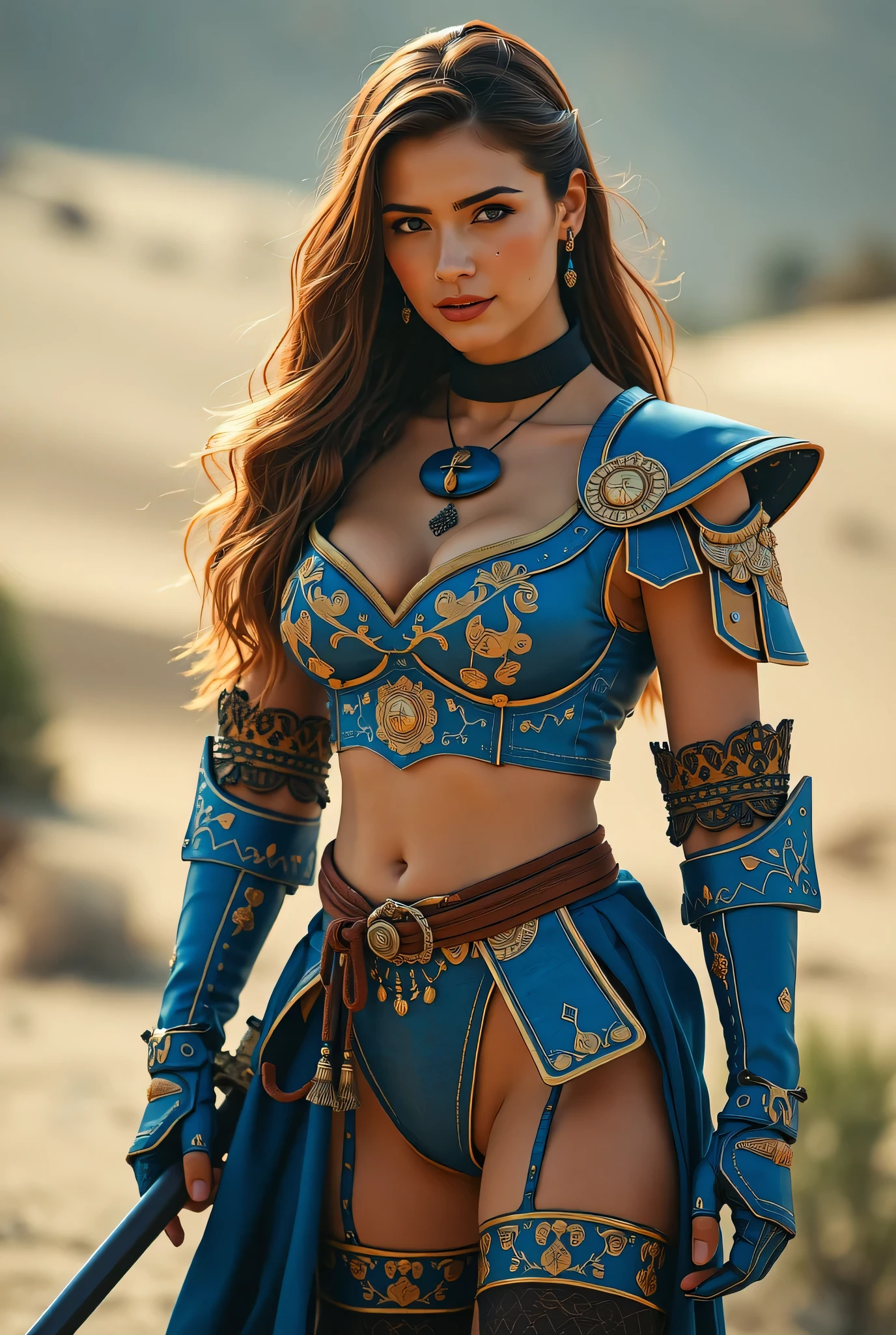 Créer le style du roi des combattants & Final Fantasy une belle femme aux cheveux marrons mi-longs et droits, aux yeux bleus, aux lèvres rouges intenses, aux fesses rondes et fermes, aux cuisses épaisses, aux gros seins durs, portant une veste bleu métallique avec des détails blancs, un gantelet bleu aux mains avec des détails, dégageant une aura dans une arène de combat, bhagyashree, marocaine princess in desert, long legs, full body view, ornate gold plate armour, holding katana, looking at viewer, slight smile, giant breasts, presenting breasts, stockings with garter straps, choker, big hair, pasties
