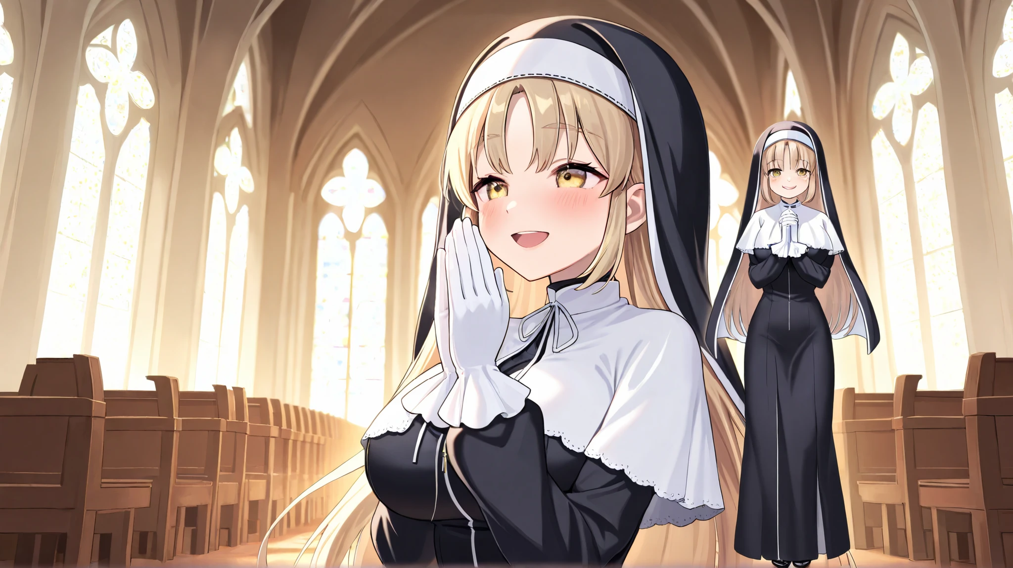 One girl, multiple ren, Sister Claire (Nijisanji), blonde hair, very long hair, golden eyes, large breasts, nun, nun's habit, white capelet, white gloves, praying, ren playing around Claire, talking to ren, whispering, smiling, pure, anime eyes, clear beautiful eyes, simple church, full body, front,