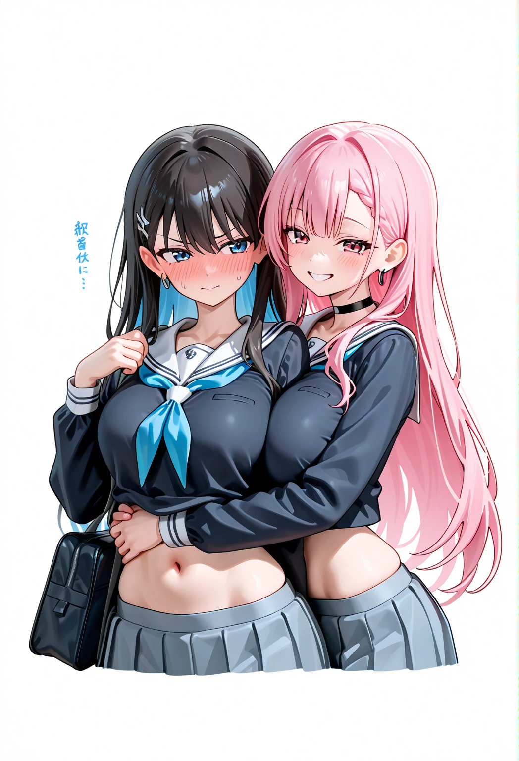 masterpiece,ultra detail,best quality,2girls,against wall serafuku,navy plits skirt,side view,girl pinned against wall,hug,kissing,NSFW,huge breasts,yuri,Height difference,Licking breasts,licking breasts,puffy nipple