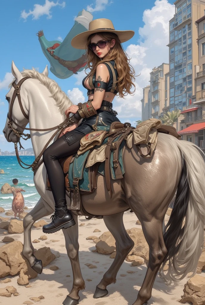 4k, masterpiece, solo, best quality, perfect face, anime style, cinematic lighting, cinematic color, long hair, curly hair, {gold hair}, brown eyes, large breast, horseback riding, horse riding, (white horse: 1.0, bridle, saddle, stir ups, reins: 1.2, walking: 1.5,), beach, green armor, green miniskirt, green boots),  view from side, anatomically correct