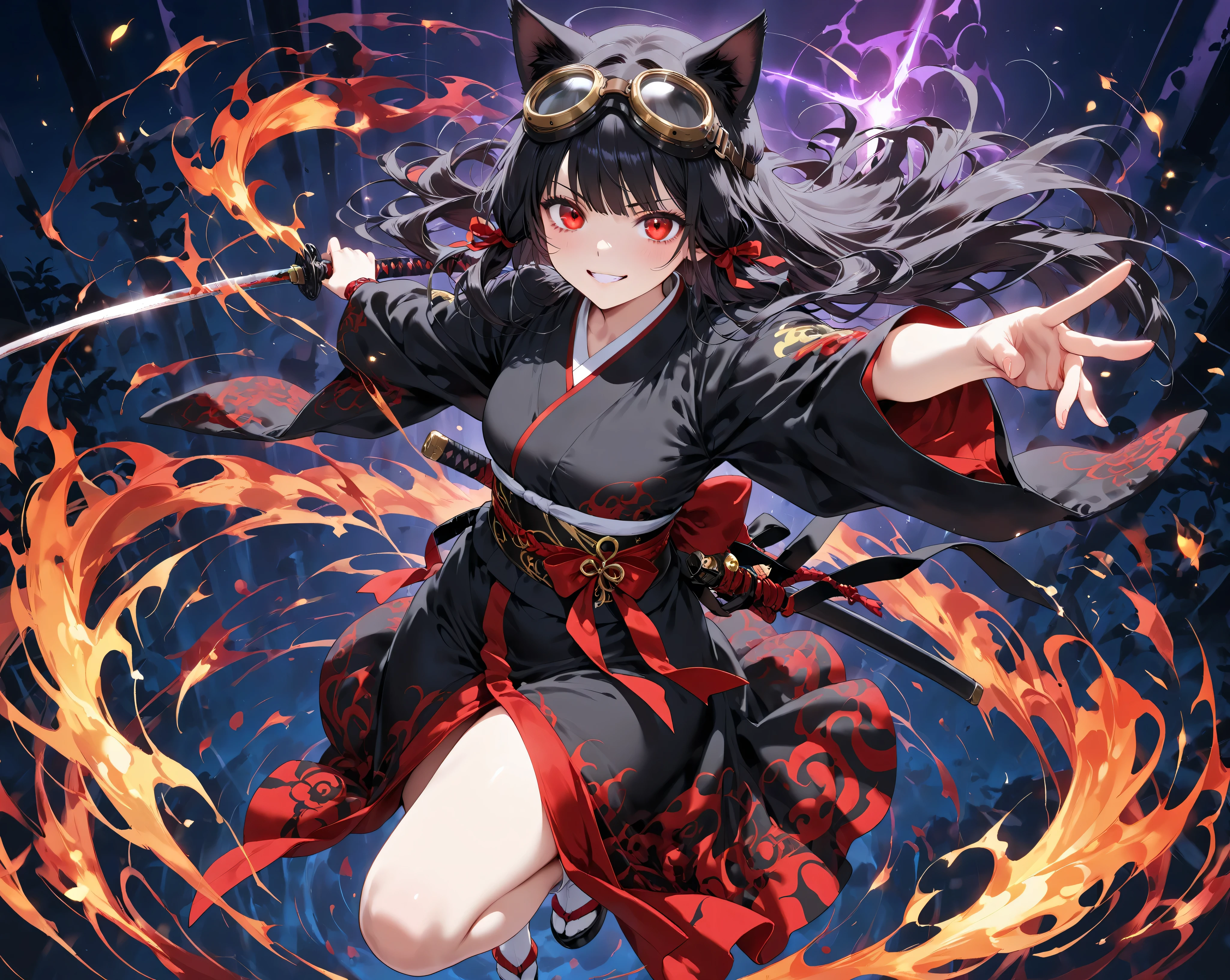 ((1 female:1.2))、 A with a sense of dynamism、 HDR animation , Face Zoom,Cat ears、 goggles, (Full body shot from 45 degrees oblique above:1.1)、(the moment you feel a sense of dynamism inside a dead body, a movement that boldly uses your whole body:1.2)、 Best Masterpiece Movie Animation, A cute portrait of an adult, Beautiful Contrast and Transparency . ( Brilliant Depiction and Ultra High Resolution Masterpiece :1.1), Subtle and playful shadows are projected for a great smile、 subtle and playful shadows are projected , 100 points from every angle、Cold Stare、Narrow eyes、 (Super cool moment of attack:1.3)、((Slash with Katana:1.3)), Beautiful kimono and katana、(The duality of shadows and surfaces:1.3)、(A strong and positive older sister:1.1)、double eyelid in office、but、He gets scared when he gets angry or serious、eyes that shine like neon、( extends one arm straight up 、 emits a magical aura into the sky、where the magic of red and black flames scatters:1.3)