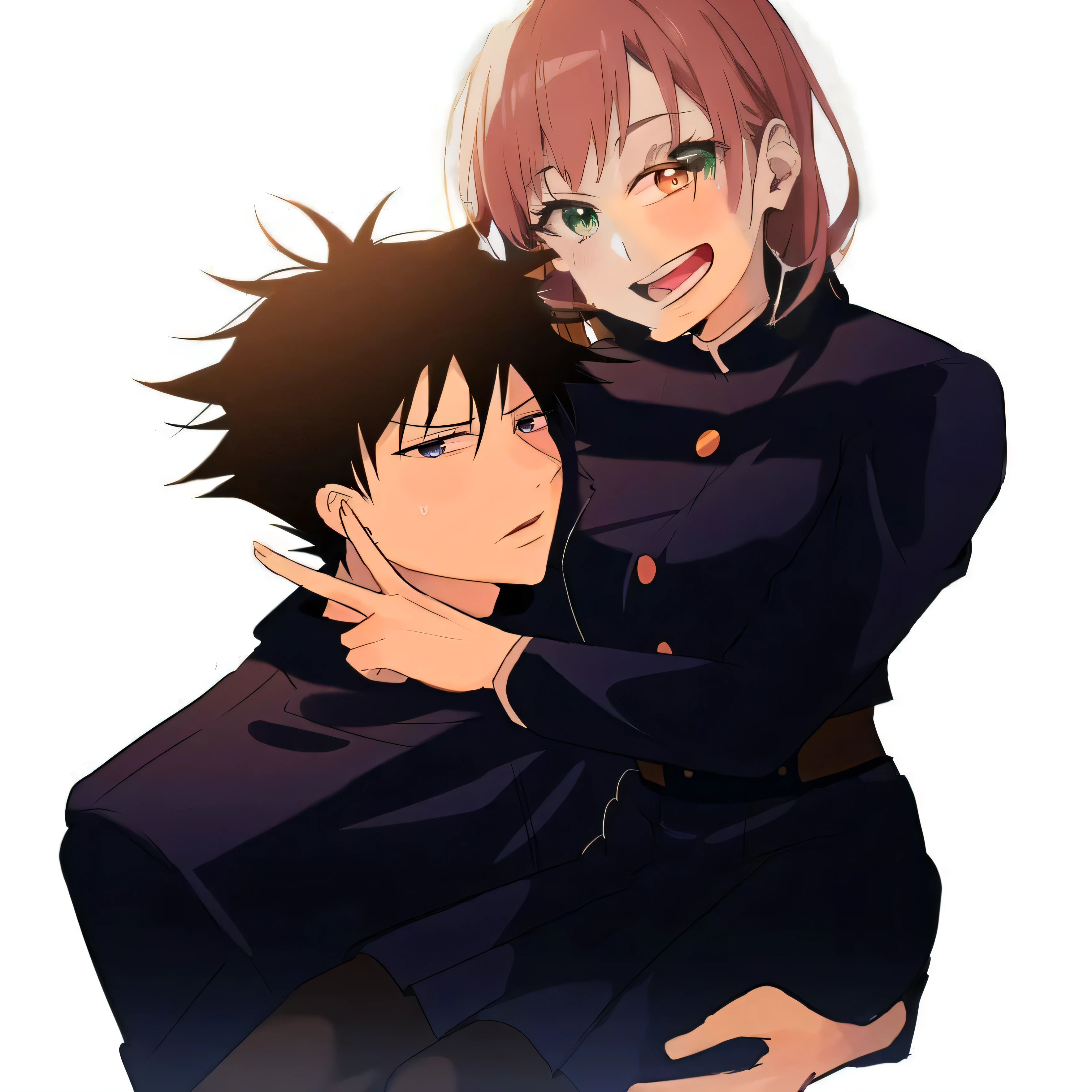 A girl from the anime Jujutsu Kaisen with medium-length red bright
hair and bright green eyes, 18 years old, wearing a black jacket and smiling.