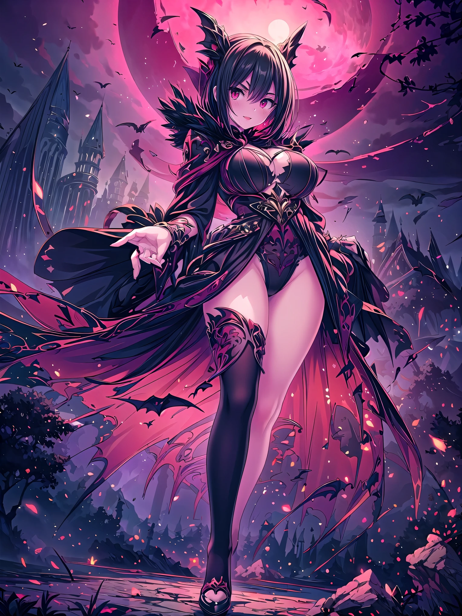 (((masterpiece, best quality, high detailed, 16k))), Vampire girl, female goddess, red eyes, red lips, bloody, big breasts, black bikini dress, red and black cloak, skinny waist, cleavage, thighs, thigh highs, glaring, magnificent, epic, majestic, magical, fantasy art, cover art, red moon, vampire castle background. (detailed face), (detailed eyes), ((full body front view)), (extremely detailed:1.5)