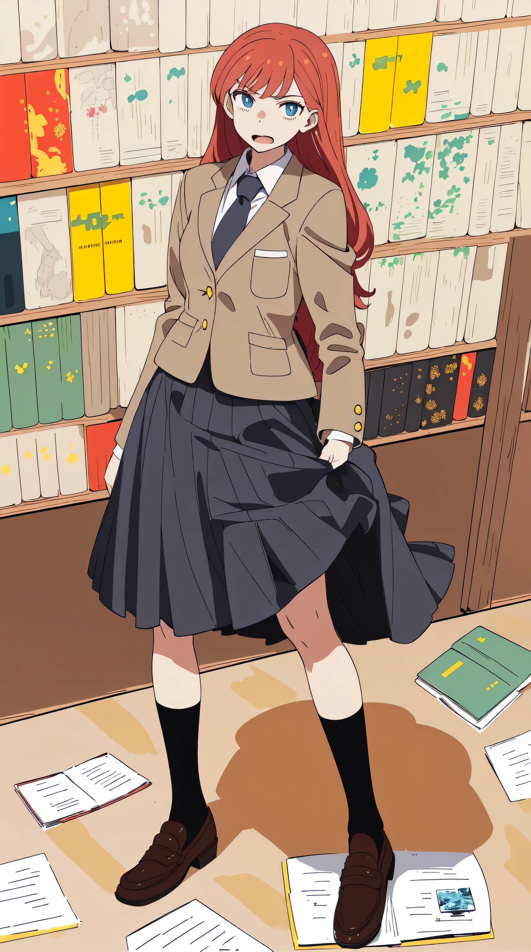 Back view,Pantyhose,high school girl,whole body,library,