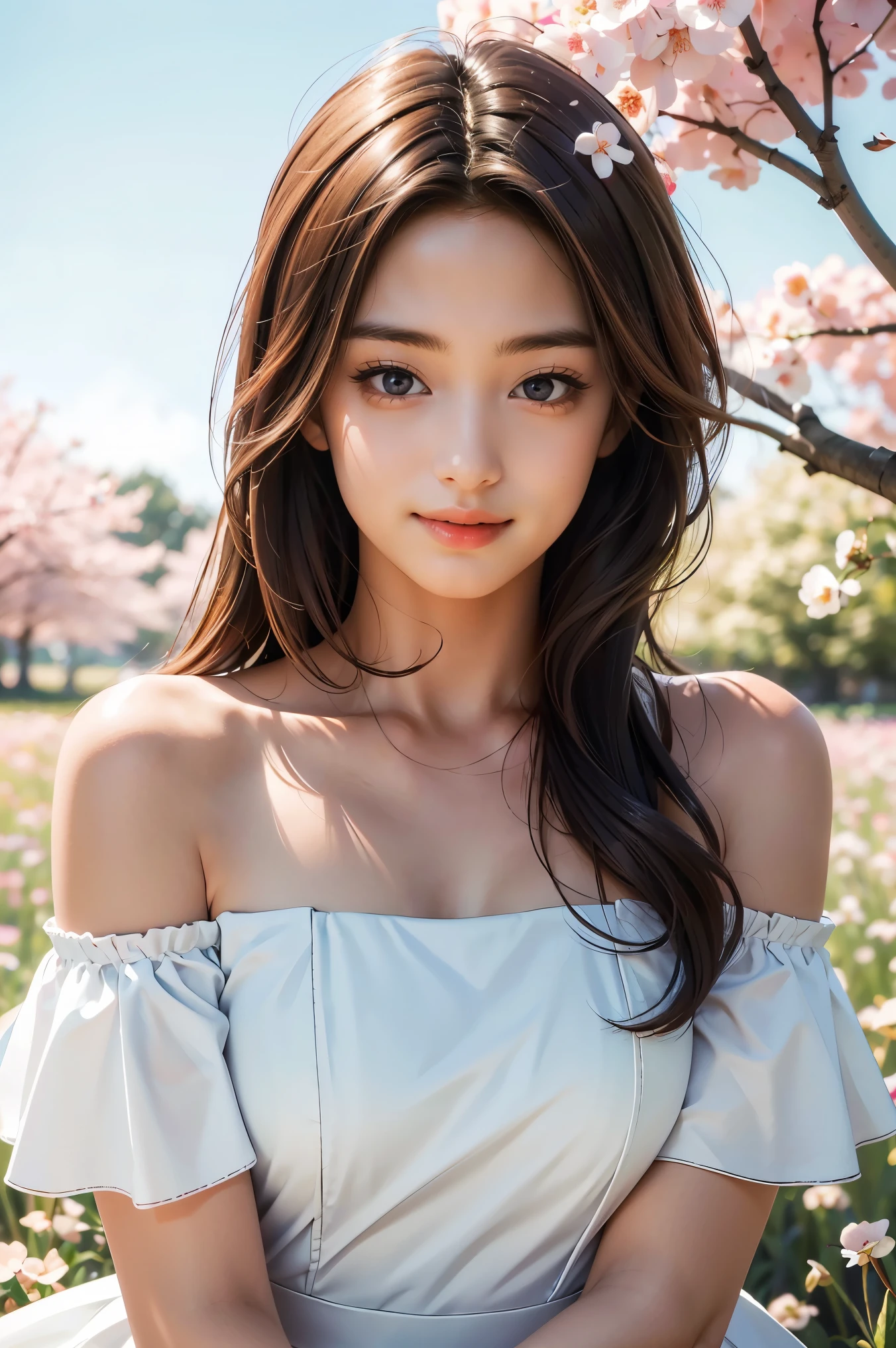 Best quality, masterpiece, ultra high res, (photorealistic:1.4), raw photo, 1girl, white dress, off shoulder, blossom flower field, glowing skin, light smile