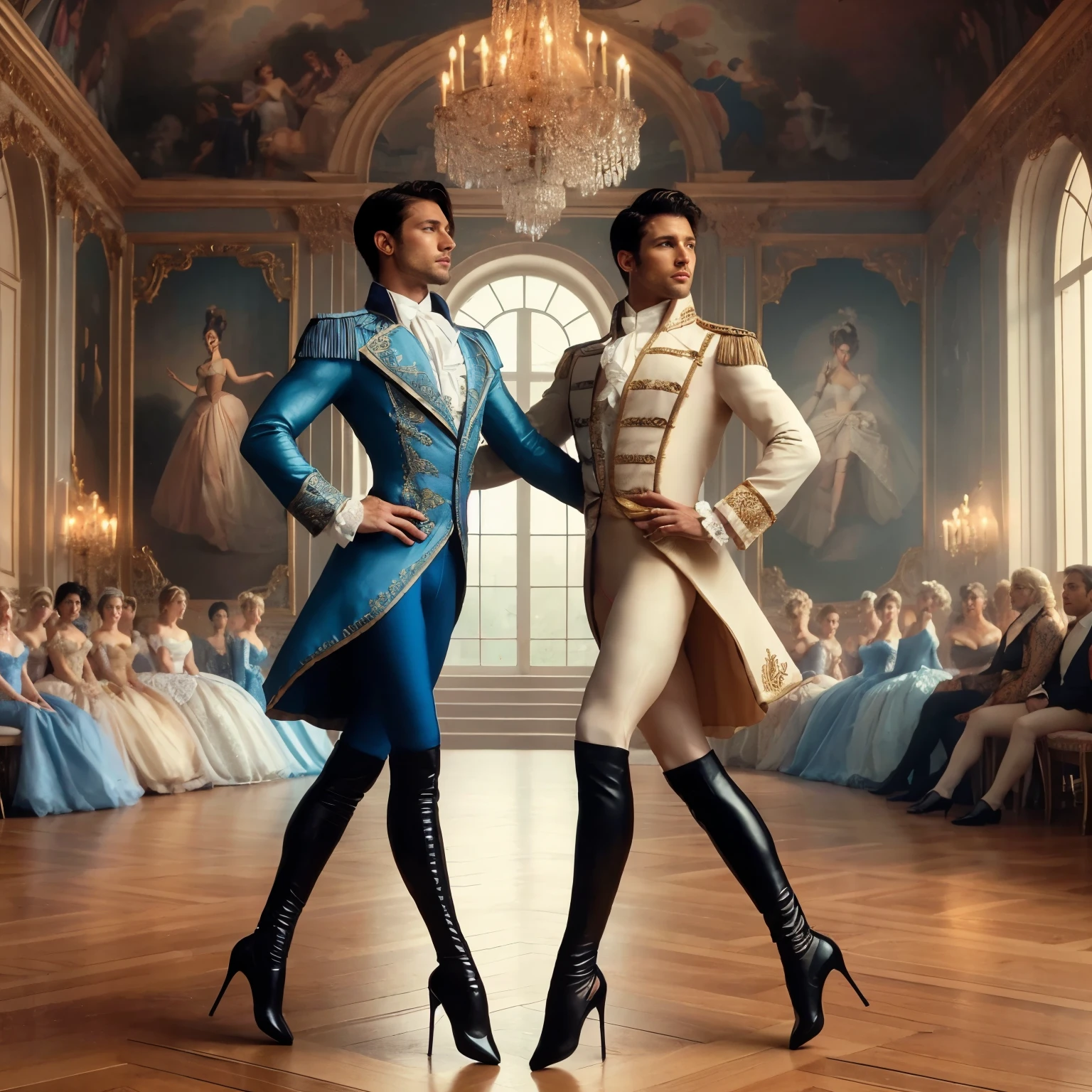 (4k, best quality, masterpiece, hyperrealistic, beautiful eyes, ballet tights, crotch bulge, nutcracker ballet:1.35), (2 ballet dancers, prince defeats rat king:1.5)