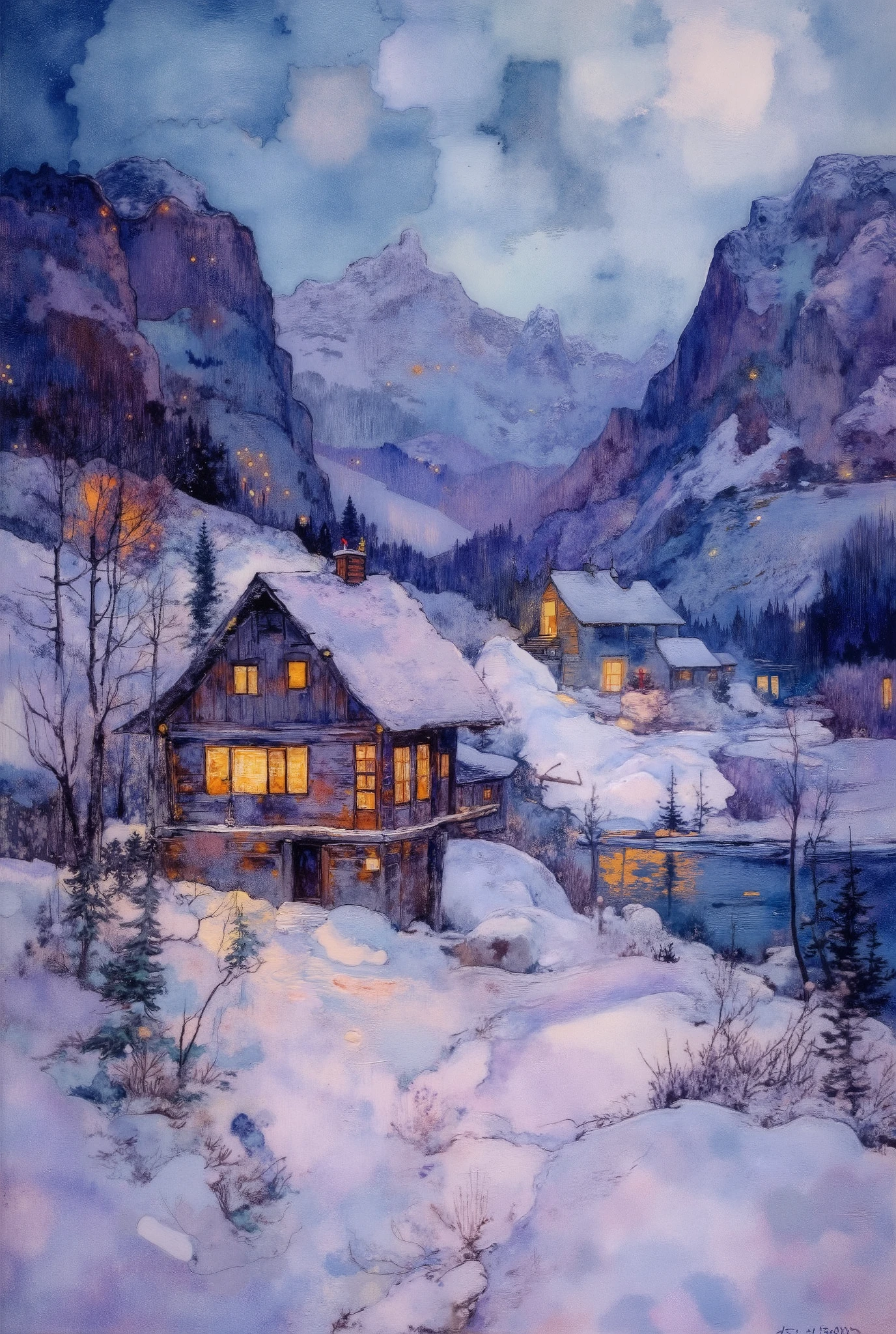 A vibrant and expressive watercolor painting capturing a small, wooden cabin in the heart of a serene, snow-covered valley, surrounded by towering, misty mountains. Delicate washes of blues and purples blend effortlessly into the scene, while the warm glow from the cabin windows provides a striking contrast. The soft edges of the snowy landscape add an ethereal quality, making the composition feel dreamy and peaceful. The atmosphere is quiet and contemplative, with a touch of warmth amidst the cold. --v 5 --stylize 1000
