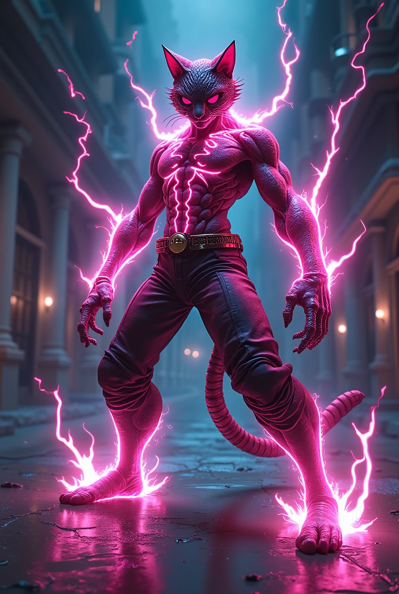 Male monster demon, three horns, purple skin, blue eyes, waist length hair, white hair, violet crecent moon on his forehead, scarlet red furry trench matrix gabardine open, black cargo pants, arms on violet flames, cyberpunk japanese style, chains around the belt, long crocodile tail, magic powers, action, leather brown boots with metal pins, black cat nails, wushuu pose, night background