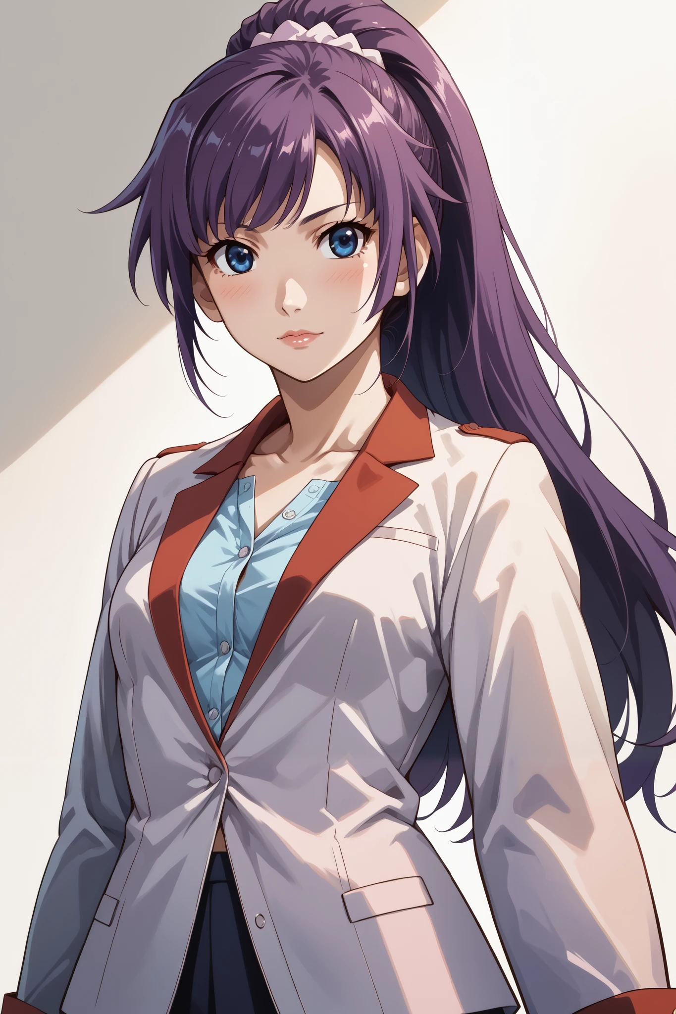 score_9, score_8_up, score_7_up, source_anime, 4K,perfect fingers,(perfect hands, perfect anatomy),prefect lighting, very aesthetic, intricate details,highly detailed background, masterpiece, high quality, best quality, 
1girl, hitagisenjougahara, hitagi senjougahara, long hair, bangs, ponytail, sidelocks, scrunchie, blue eyes, purple hair,Large Breast,
wearing ((( official formal jacket buttoned :1.2),)),,
standing, 