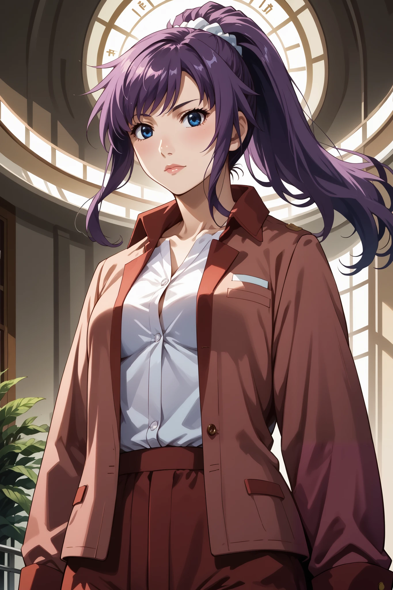 score_9, score_8_up, score_7_up, source_anime, 4K,perfect fingers,(perfect hands, perfect anatomy),prefect lighting, very aesthetic, intricate details,highly detailed background, masterpiece, high quality, best quality, 
1girl, hitagisenjougahara, hitagi senjougahara, long hair, bangs, ponytail, sidelocks, scrunchie, blue eyes, purple hair,Large Breast,
wearing ((( official formal jacket buttoned :1.2),)),,
standing, 