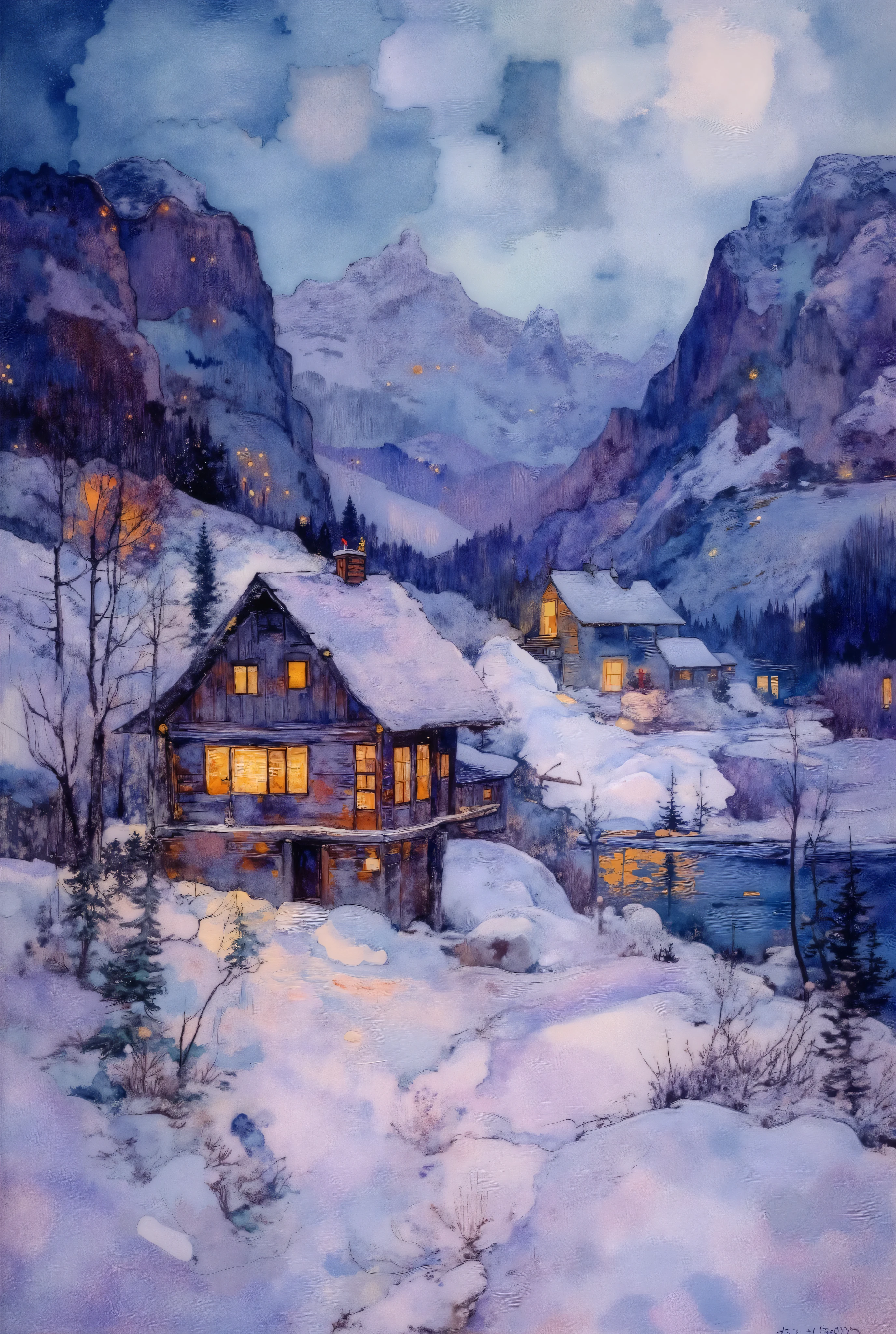 A vibrant and expressive watercolor painting capturing a small, wooden cabin in the heart of a serene, snow-covered valley, surrounded by towering, misty mountains. Delicate washes of blues and purples blend effortlessly into the scene, while the warm glow from the cabin windows provides a striking contrast. The soft edges of the snowy landscape add an ethereal quality, making the composition feel dreamy and peaceful. The atmosphere is quiet and contemplative, with a touch of warmth amidst the cold. --v 5 --stylize 1000