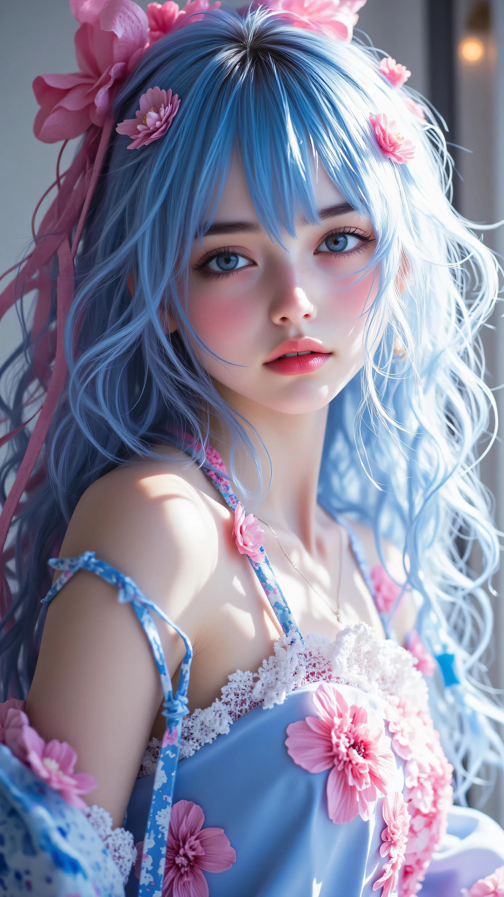 White sandy beach、blue sea、Blue Sky、Pretty Woman、blue eyess、length hair、pink bikinis、slender、Undersized breasts、hair adornments