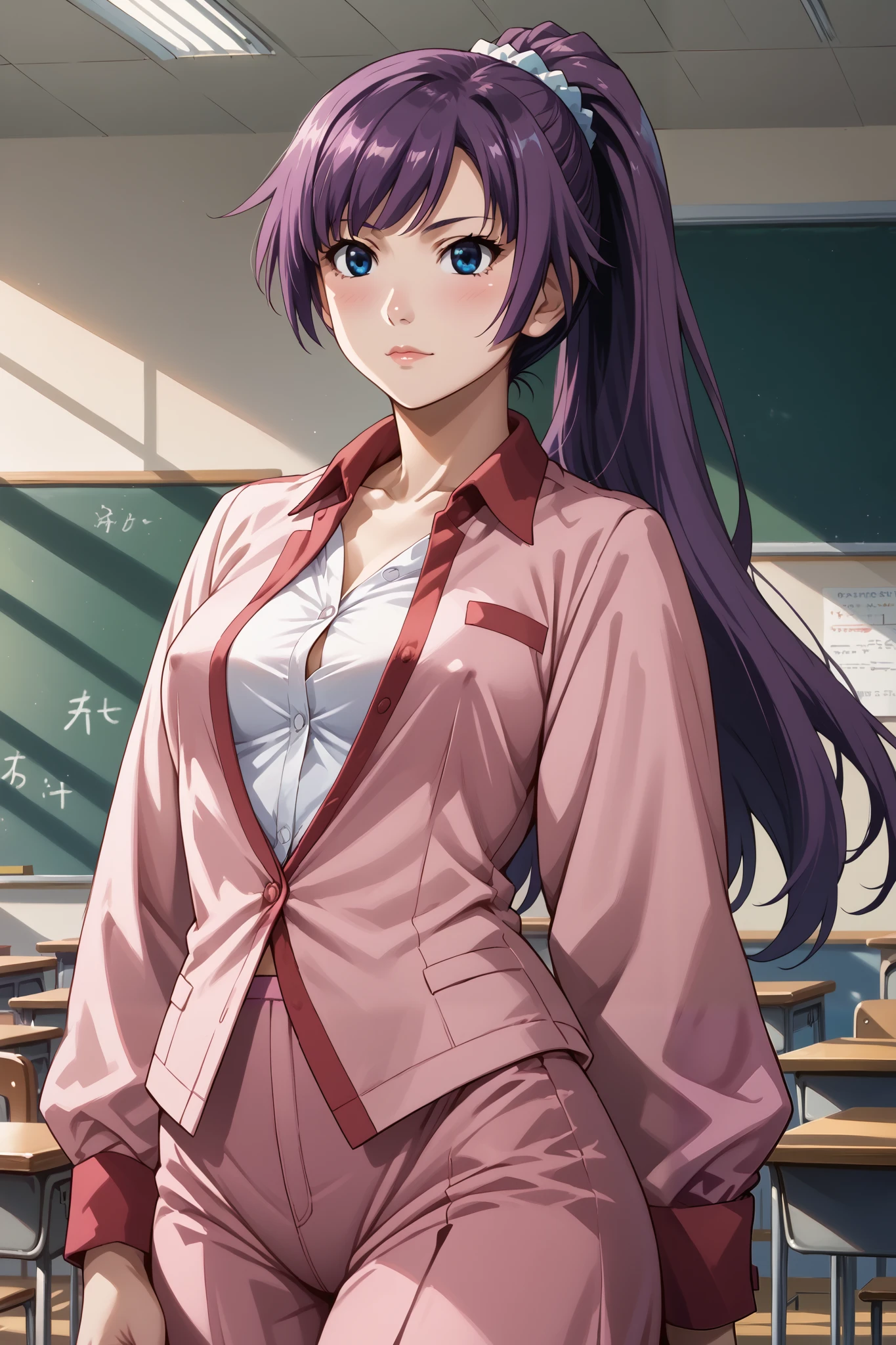 score_9, score_8_up, score_7_up, source_anime, 4K,perfect fingers,(perfect hands, perfect anatomy),prefect lighting, very aesthetic, intricate details,highly detailed background, masterpiece, high quality, best quality,
1girl, hitagisenjougahara, hitagi senjougahara, long hair, bangs, ponytail, sidelocks, scrunchie, blue eyes, purple hair,Large Breast,
wearing ((( official pink formal jacket buttoned :1.2),(covered nipples : 1.2) ,)),,
standing, (in the crowded classroom:1.4) , (high-leg : 1.2),