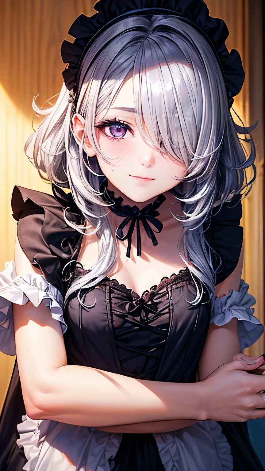Highest quality,Highest Resolution,Sexy black gothic lolita opens her mouth and drools while crying,Bedroom,Big purple eyes,