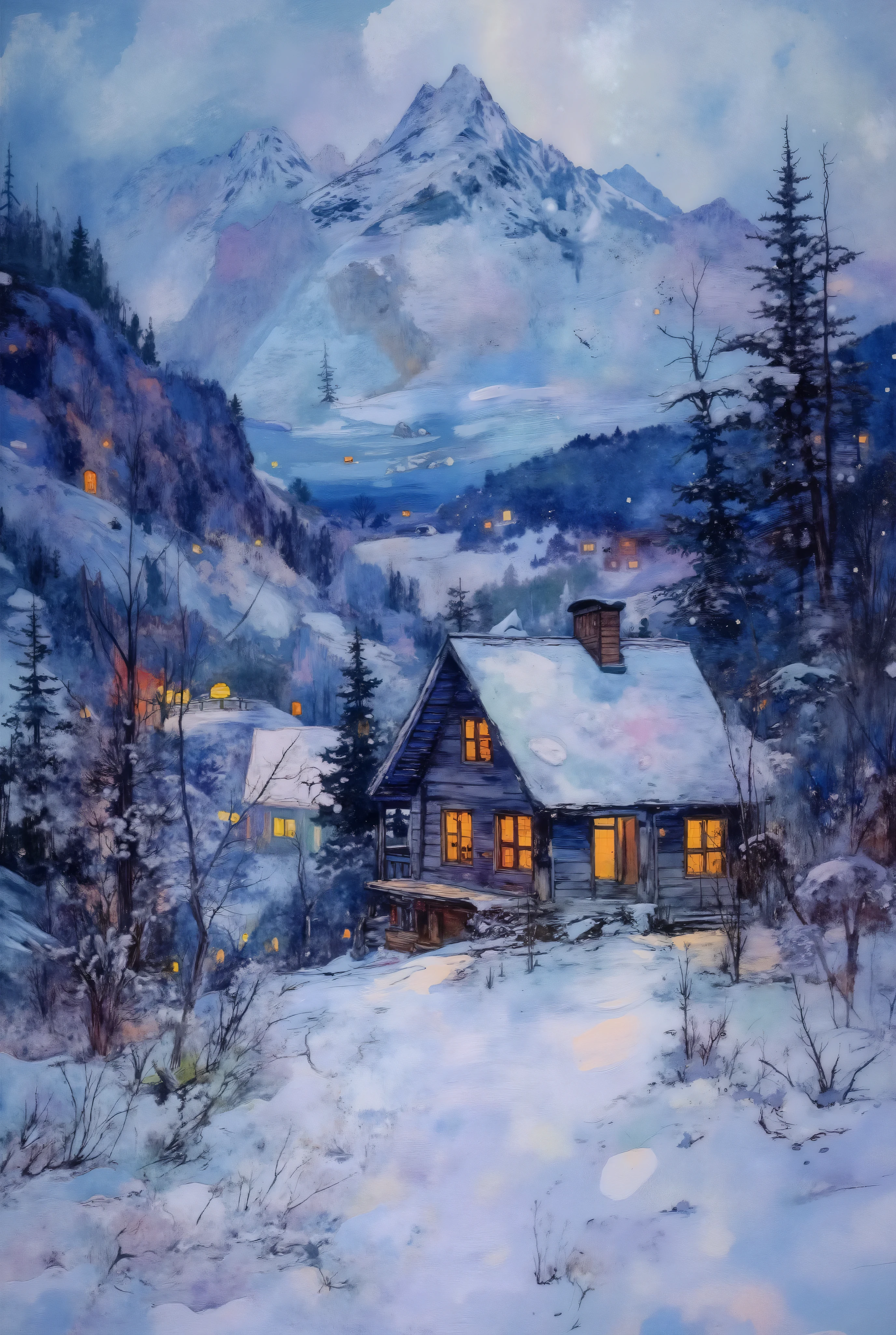 A vibrant and expressive watercolor painting capturing a small, wooden cabin in the heart of a serene, snow-covered valley, surrounded by towering, misty mountains. Delicate washes of blues and purples blend effortlessly into the scene, while the warm glow from the cabin windows provides a striking contrast. The soft edges of the snowy landscape add an ethereal quality, making the composition feel dreamy and peaceful. The atmosphere is quiet and contemplative, with a touch of warmth amidst the cold. --v 5 --stylize 1000