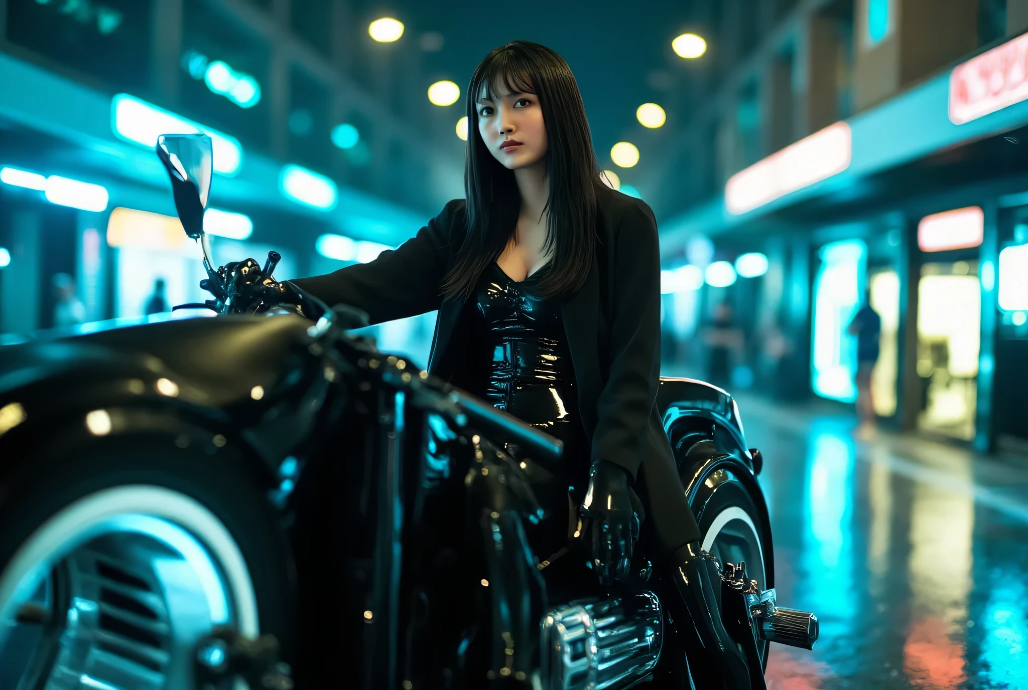 (((The dark Nostromo highway:2.0))),((( HR Gigger Style Cyberpunk Atmosphere :2.0))),((Ride a tron style bike:2.0)),((( riding a cyberpunk bike :2.0))),((full body:2.0)), one woman,( cute face),(Beautiful well-balanced face ),(( natural big breasted :2.0)),( black hair:1.5),(beautiful eyes:1.3), glamorous shot of a 20 year old Japanese woman , Slender Beautiful Body ,((Model body type:2.0)),(( slim body with hot water:1.7)), perfect body line ,ideal proportions,((big breasts:2.0)),((F cup chest wearing:1.5)),Big Breasts,Bare thighs, sensual thighs, delicate body,( Muscular:1.7),A harmonious posture,((Realistic breast depiction :1.7)),carefully depicts limbs based on perfect anatomy,((Wear a samurai kimono-style military coat with an open front over a black super high-leg leotard :1.5)),((super high leg leotard made of fitted cammie-like latex:1.5)),((military coat style black kimono with the front open over a leotard:1.5)),(ear monitor:1.5),((Tactical Holster:1.5)),( gloves:1.3),concept art,(TOP QUALITY:1.5),(masterpiece:1.5),(超高resolution),resolution,UHD,( delicate depiction), carefully drawn with butterfly wings ,32K,((realistic skin texture:1.5)),((( Super realistic :1.5))), eyelashes,Highly detailed faces,Highly detailed female hand,Sexy appearance,Very sensual,(Blurry Dim Backgrounds :1.5), professional photography,( Movie Lighting:2.0),(( Blade Runner Style Lights :2.0))