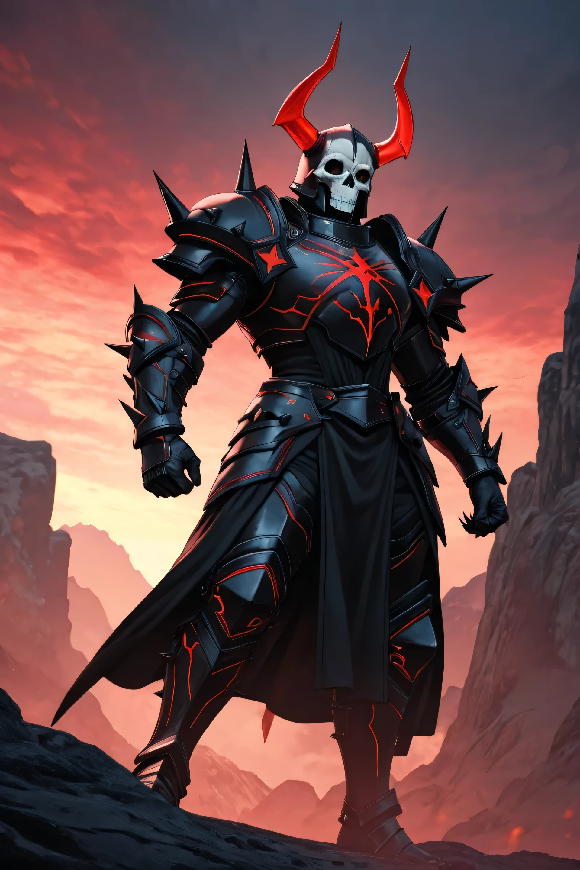 ### Character Description:
- Male
- **Armor Style**: The figure is clad in dark, spiked armor. The armor has a metallic black finish, showing both smooth and textured surfaces that create depth.
- **Helmet**: The character wears a distinctive helmet featuring large curved red horns, contributing to a demonic or fearsome appearance. The face of the helmet is painted white, resembling a skull, with red markings around the eyes that accentuate a sinister aesthetic.
- **Claws and Accessories**: Bladed gauntlets on both hands, blades are red. This feature suggests an aggressive and predatory presence, enhancing its menacing look.
- **Details on Armor**: The armor includes layered plates with a segmented design, giving it a bulky yet articulated appearance. The shoulder pads are adorned with red accents, adding contrast and visual interest.
- **Pose and Base**: The character is posed confidently, standing on a circular base with a decorative rim. The background is a misty landscape, enhancing the overall fantasy theme.
### Color Palette and Visual Style:
- **Color Palette**: The dominant colors are black and red, with white highlights on the helmet, which creates a strong visual contrast.
- **Visual Style**: This design showcases a cartoonish yet detailed style, commonly found in 3D models used for characters in fantasy settings. The proportions appear exaggerated, typical of stylized character art.
Overall, the image captures a powerful and intimidating presence through its design elements, color choices, and visual presentation.