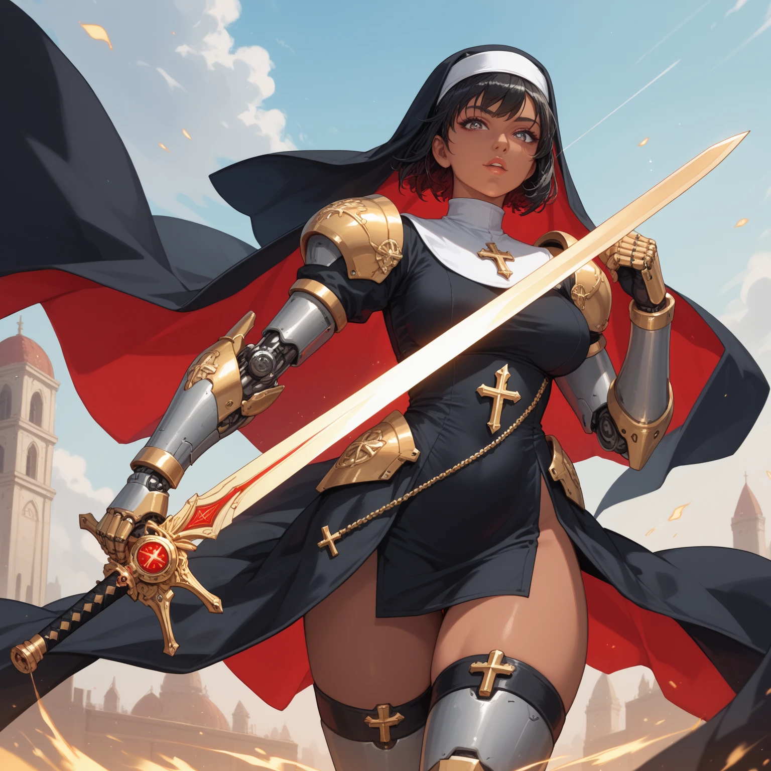 Cybernetic combat Nun with Shoulder length Black hair, tanned skin ...