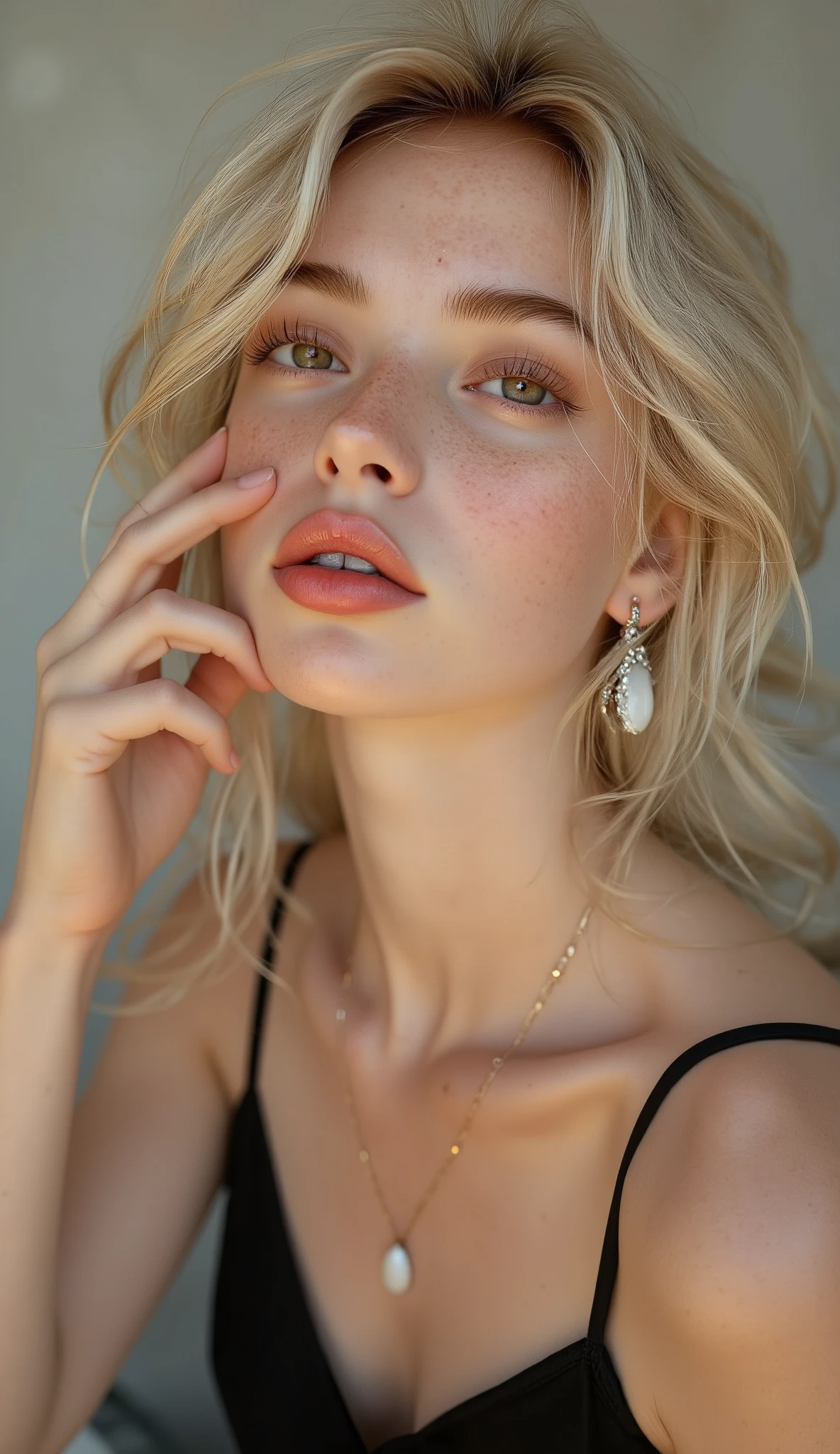 A portrait of a young woman with sun-kissed blonde wavy hair and light hazel eyes. She has a clear complexion with a scattering of freckles across her nose and cheeks. Her expression is contemplative as she gazes towards the viewer. She wears minimal makeup, with a focus on her eyes, and an elegant white or silver drop earring. She is in a simple black sleeveless top, against a soft, natural background suggesting an outdoor setting. The lighting is soft and natural, highlighting her features with a serene ambiance.