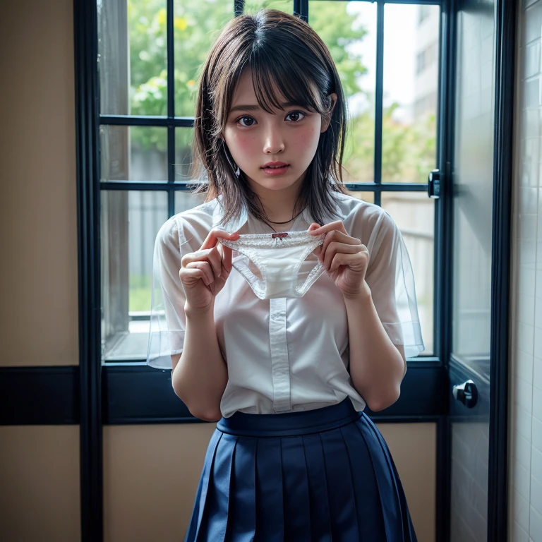 ((highest quality, masterpiece :1.3)), Photorealistic、Ultra-high resolution、Natural skin texture、Hyperrealism、Photograph from the knee up、 beautiful Japanese girl、Short Hairstyles、Large breasts、White collared shirt and tie、mini skirt、Frightened expression