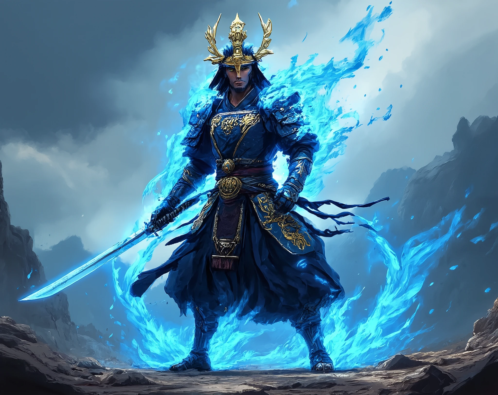 CREATE A MASCULINE SAMURAI, but his body is made of a blue flame, He has a BLACK AND GOLD ARMOR, with a katana in each hand, He has a samurai hat, He's in a pose ready for a battle