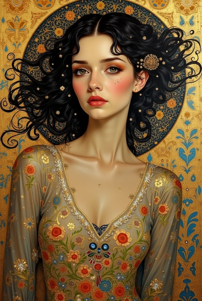 A colorful spirograph painting. Vibrant color palette. Intricate. Highly detailed. By Guillaume Seignac, Daniel F Gerhartz, Paul Fischer, and Bastien Lecouffe-Deharme., arcane style. samdoesarts style. A painting of a stunning woman. Cinematic lighting. Chiaroscuro. Volumetric lighting. Highly detailed. Realistic. By Rebecca Guay, Alphonse Mucha, Karol Bak and Christophe Vacher.